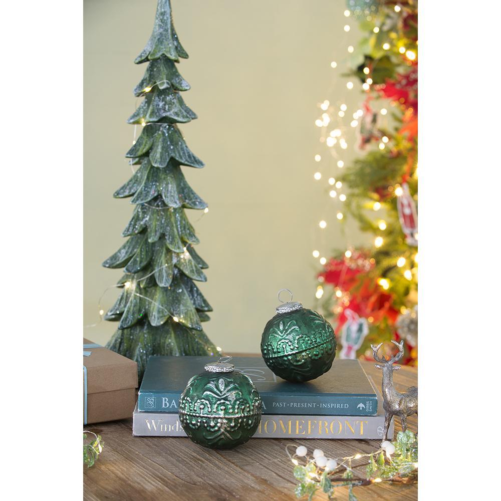 Green Etched Christmas Ball Ornaments,  Set of 6