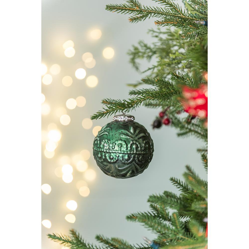 Green Etched Christmas Ball Ornaments,  Set of 6