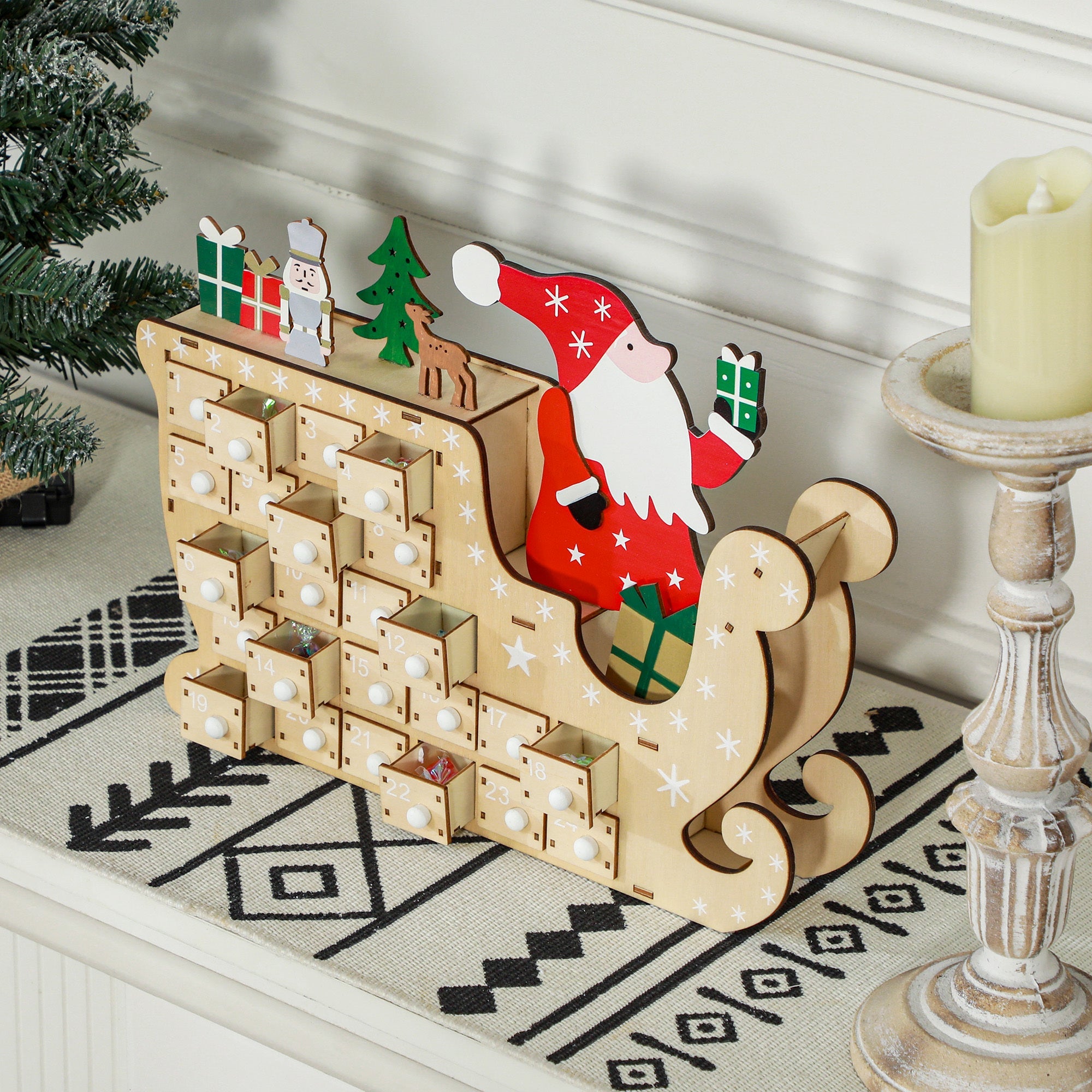 Santa Sleigh Christmas Advent Calendar with 24 Countdown Drawers