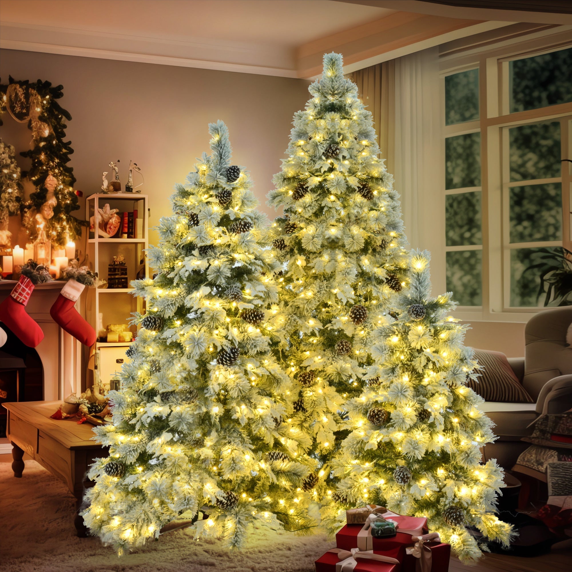 Pre-Lit Spruce Snow Flocked Xmas Tree Set - 4FT, 6FT, 7.5FT with Pine Cones- Set of 3