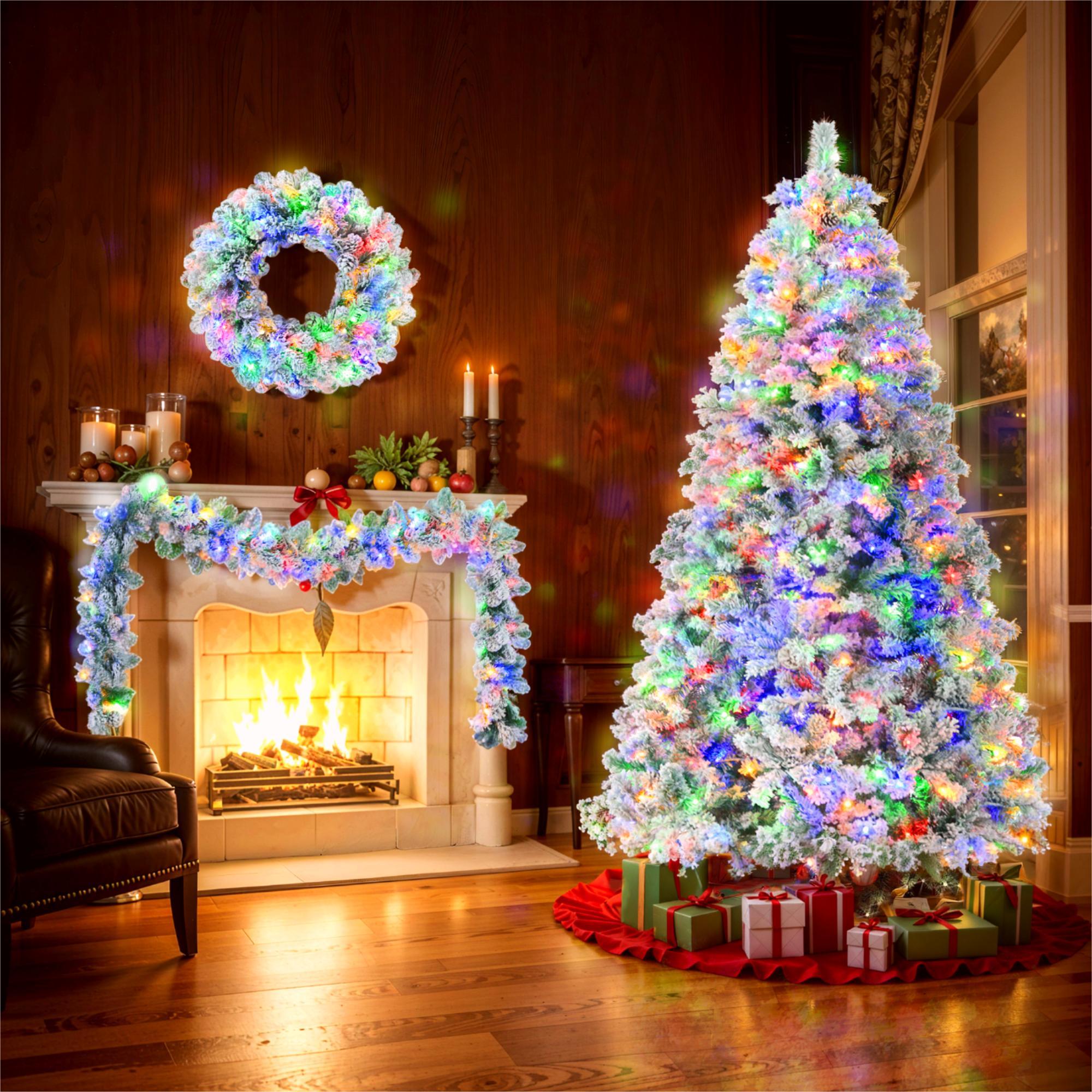 6FT Snow Flocked Christmas Tree, Pre-Lit Set with Tree & Garland & Wreath, Artificial Hinged Xmas Tree with Colorful LED Lights