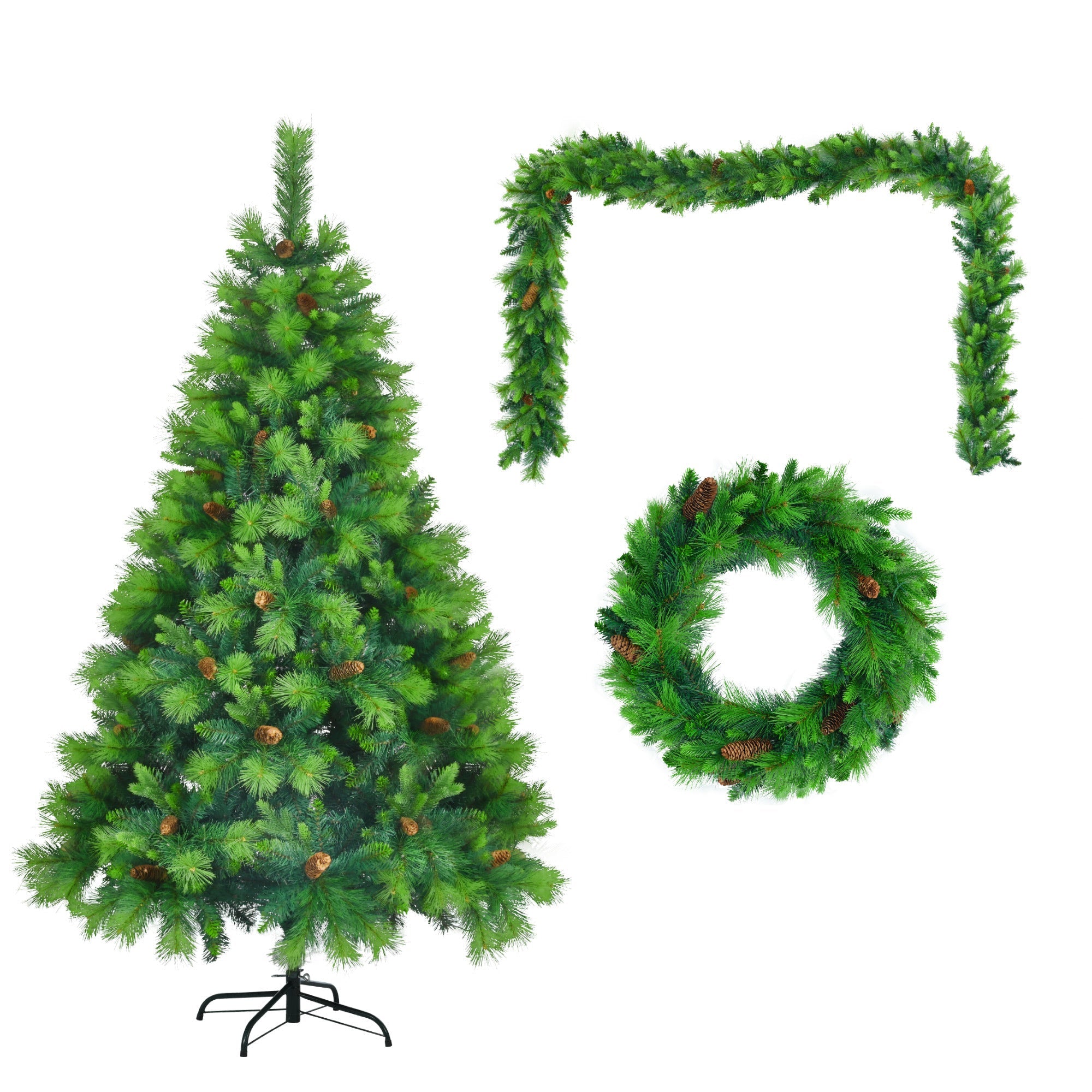 6FT Grass Green Christmas Tree 3 PC - Pre-Lit Set with Tree & Garland & Wreath, Hinged Xmas Tree