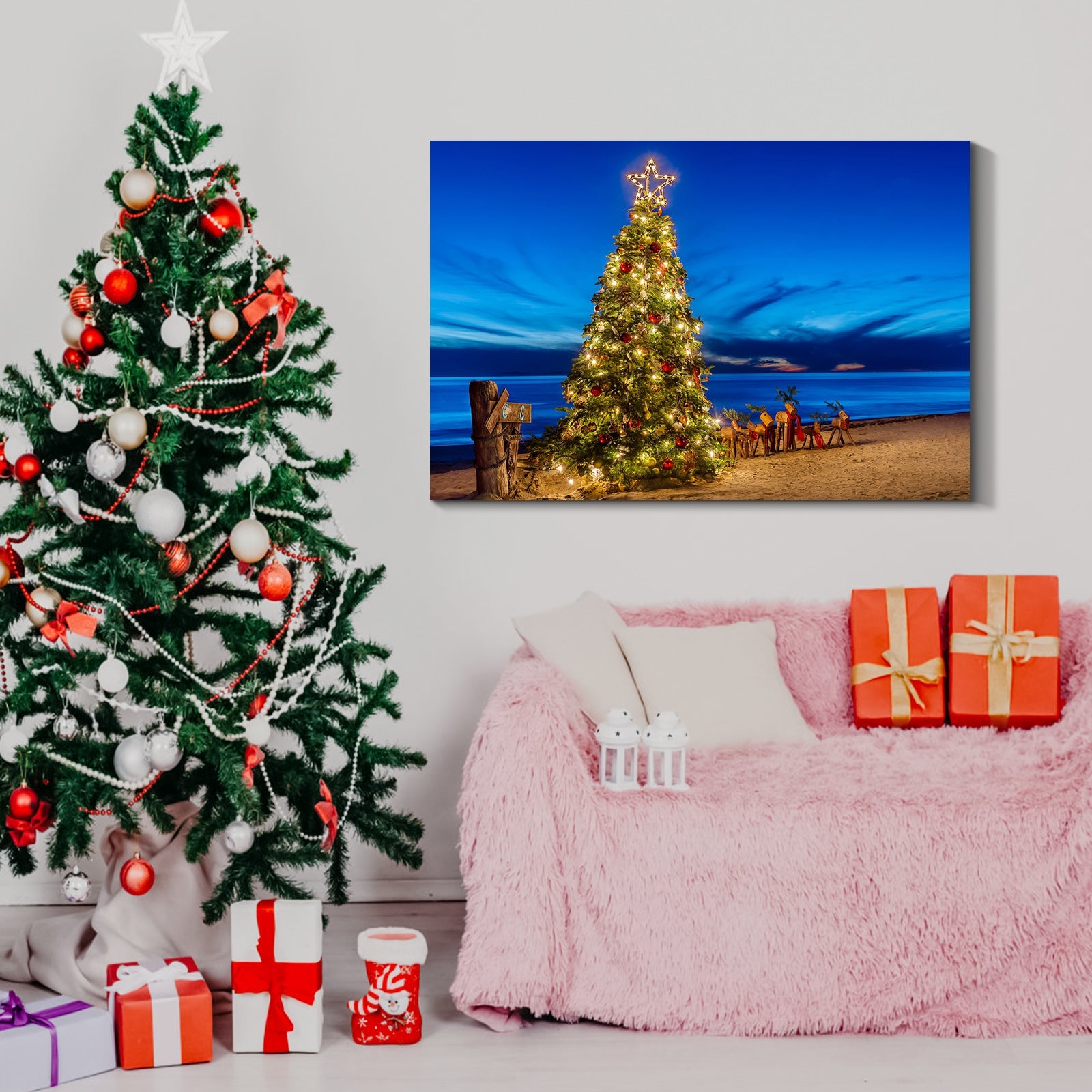 Framed Canvas Wall Art Decor , Christmas Tree on Seaside