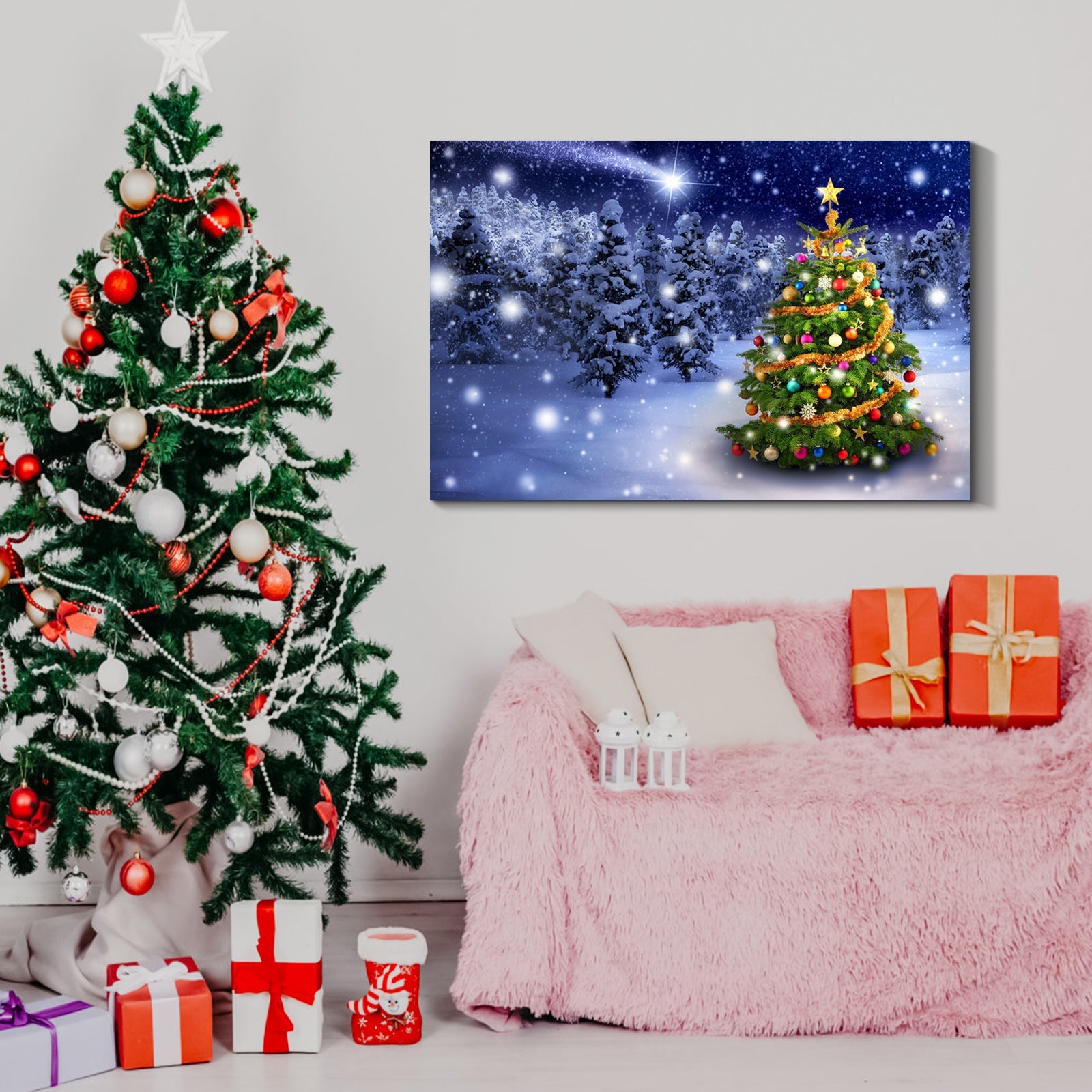 Framed Canvas Wall Art  Christmas Tree in Forest