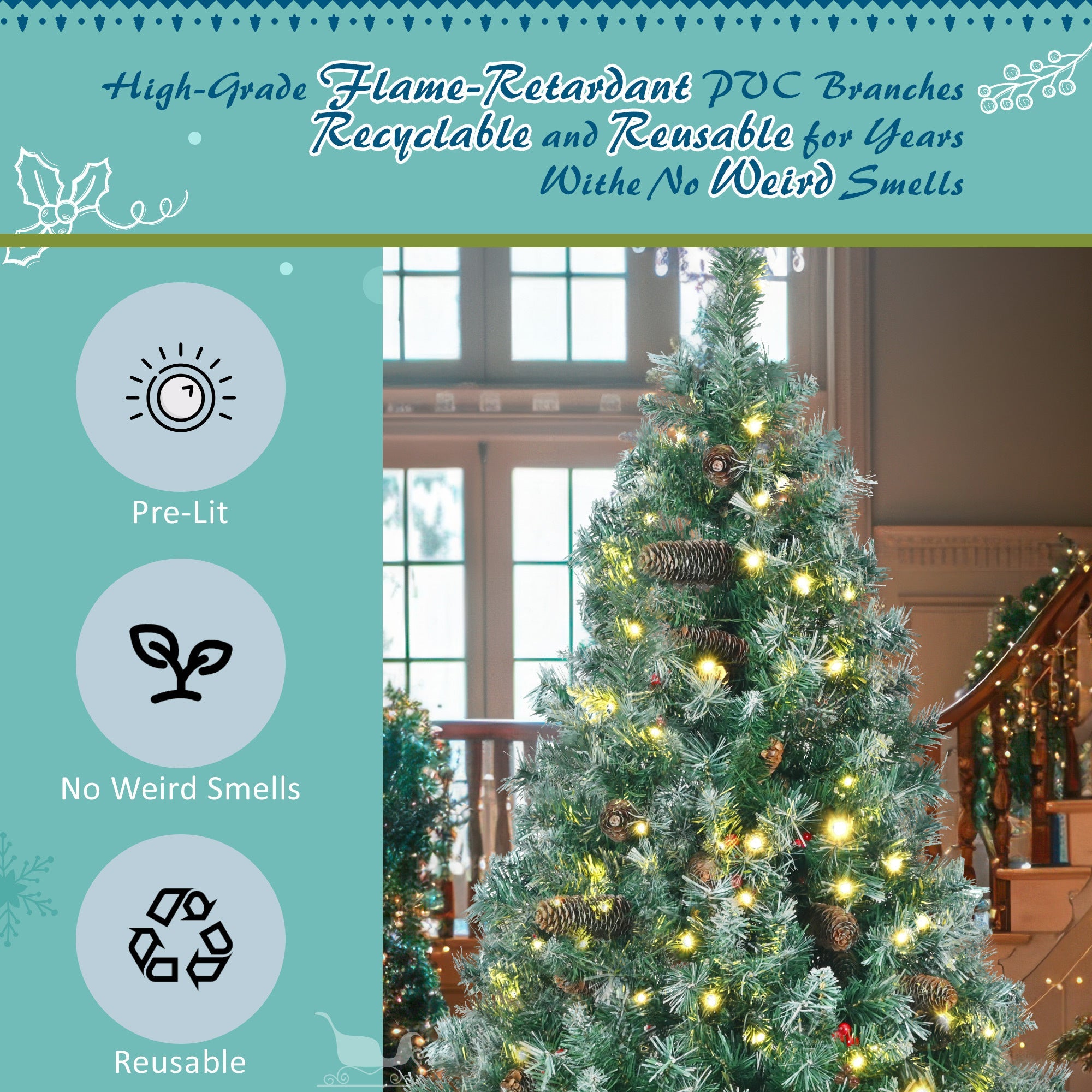 6FT Dark Green Pine Christmas Tree, Pre-Lit 3 PC Set with Tree & Garland & Wreath with white tips