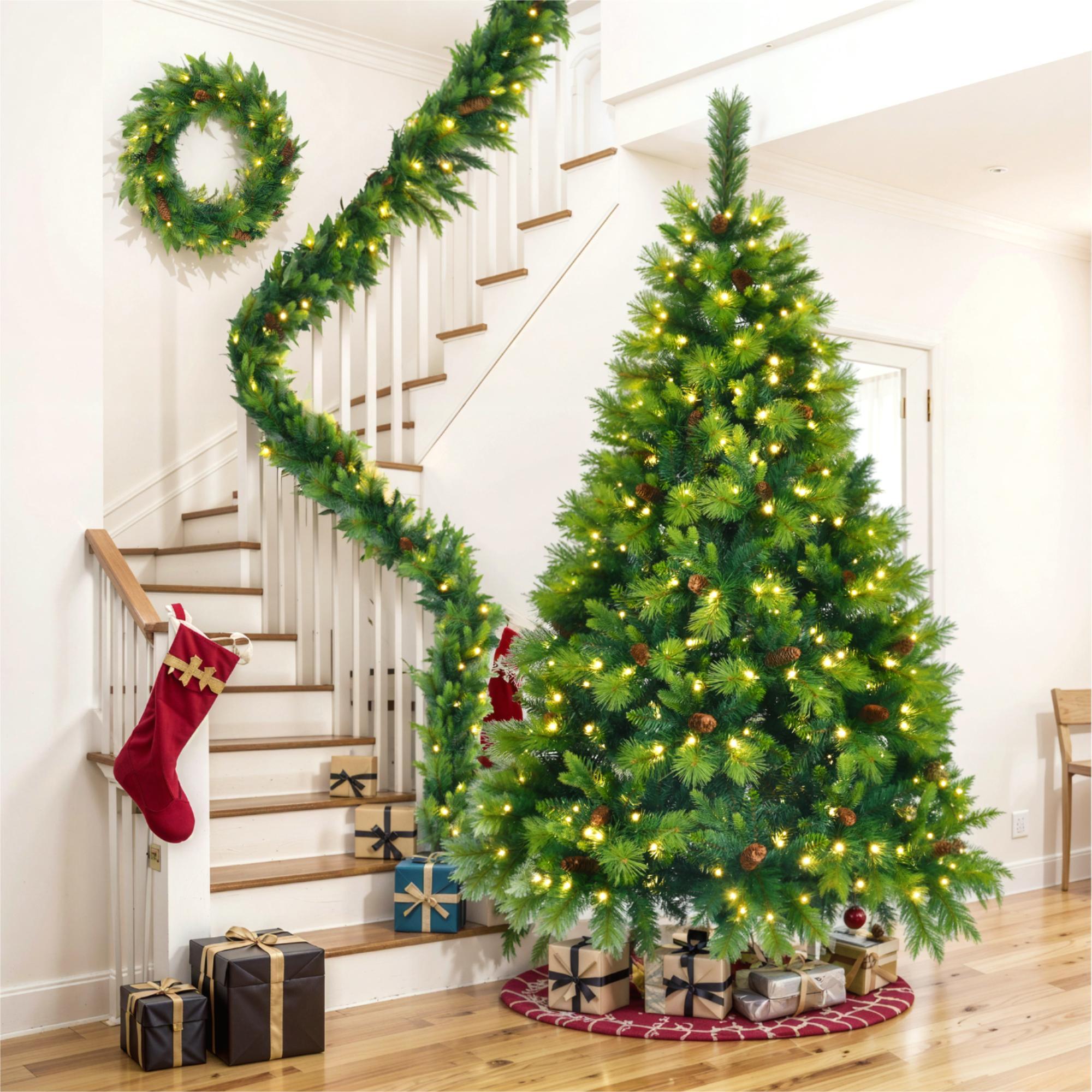 6FT Grass Green Christmas Tree 3 PC - Pre-Lit Set with Tree & Garland & Wreath, Hinged Xmas Tree