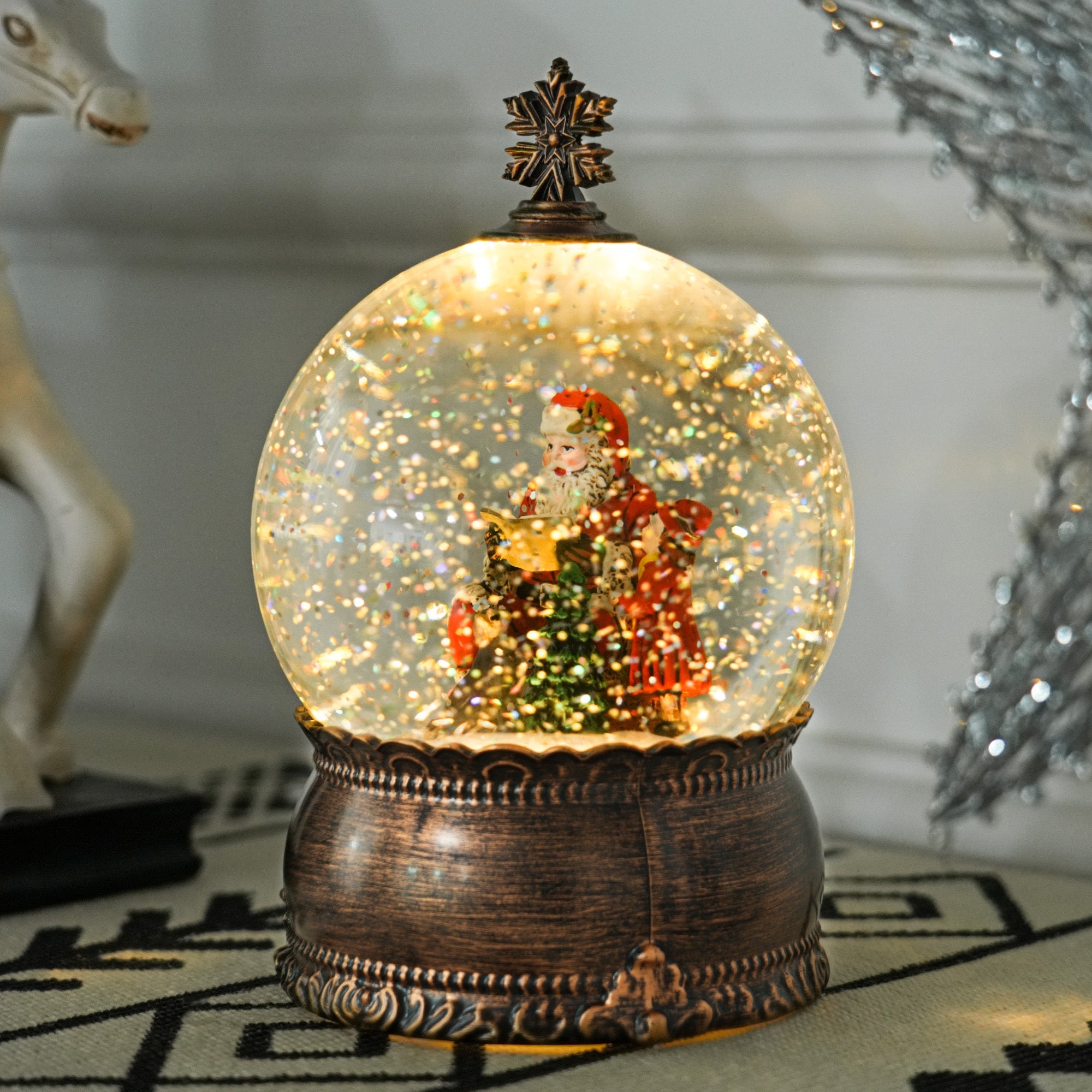 Christmas Snow Globe with Light, Musical Snow Globe with Swirling Glitter, Battery Operated Christmas Decoration , Bronze