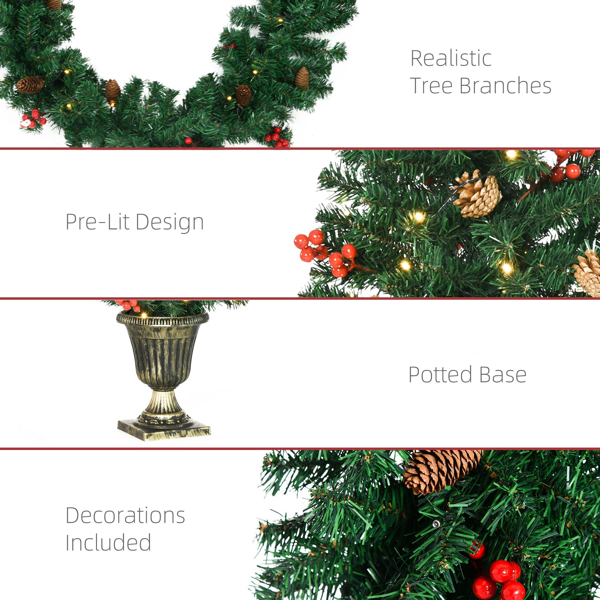 Pre-lit Christmas 4-Piece Set, Garland Wreath and Set of 2 Entrance Trees with Warm White LED Lights, Red Berries, Pine Cones, Green