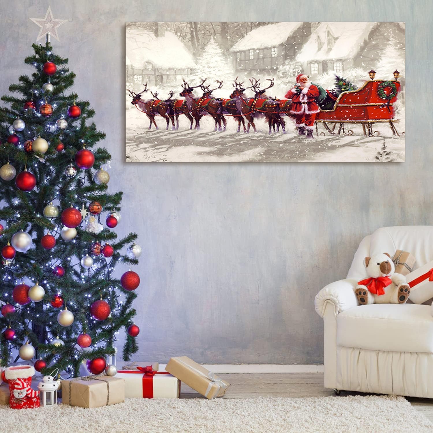 Framed Canvas Wall Art Decor Painting , Santa Claus with Reindeer Sled