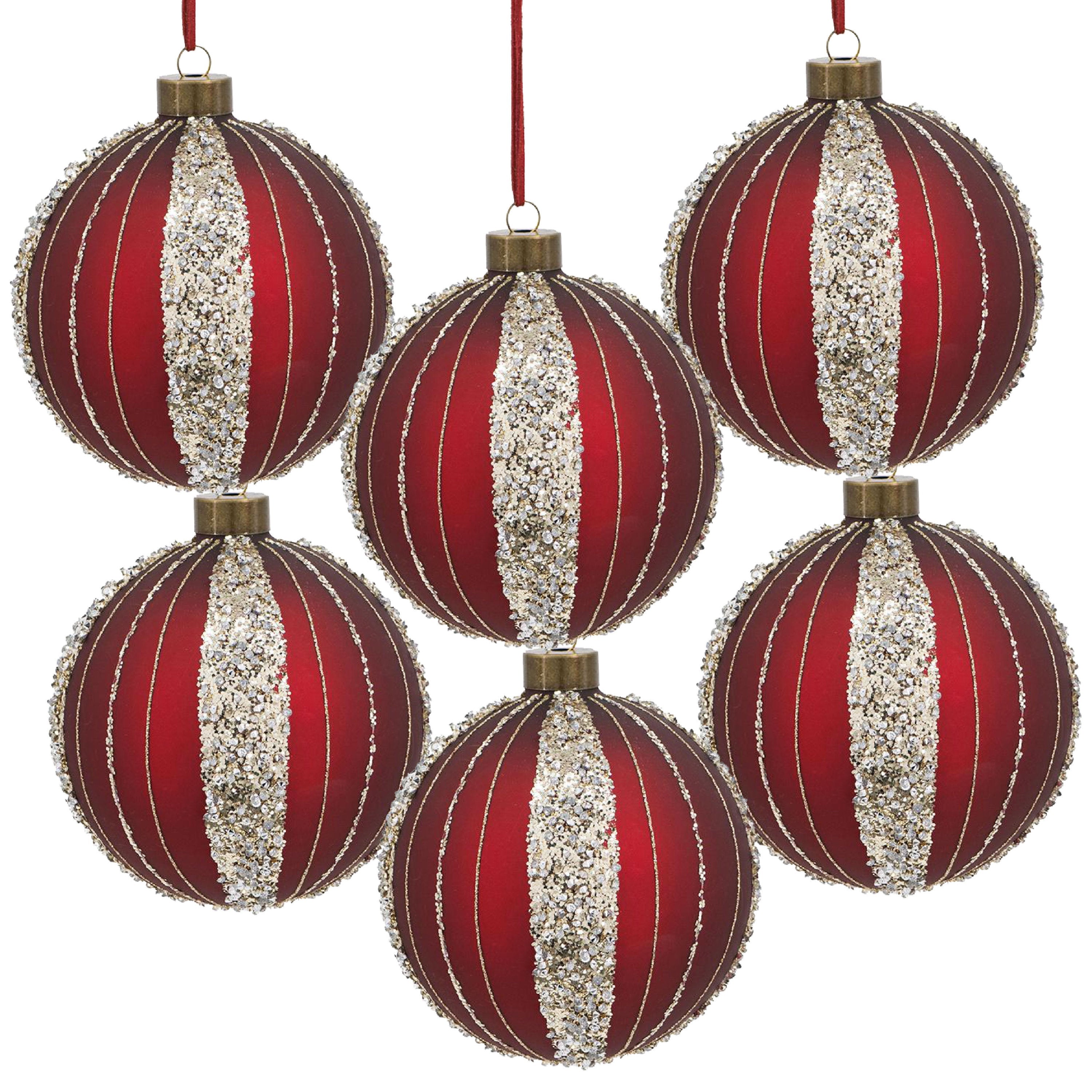 Red and Silver Glitter Christmas Ball Ornaments, Set of 6