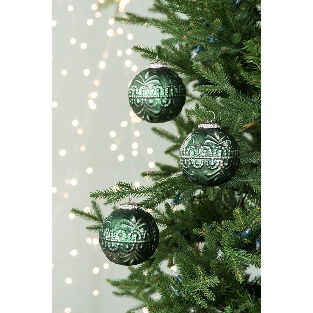 Green Etched Christmas Ball Ornaments,  Set of 6