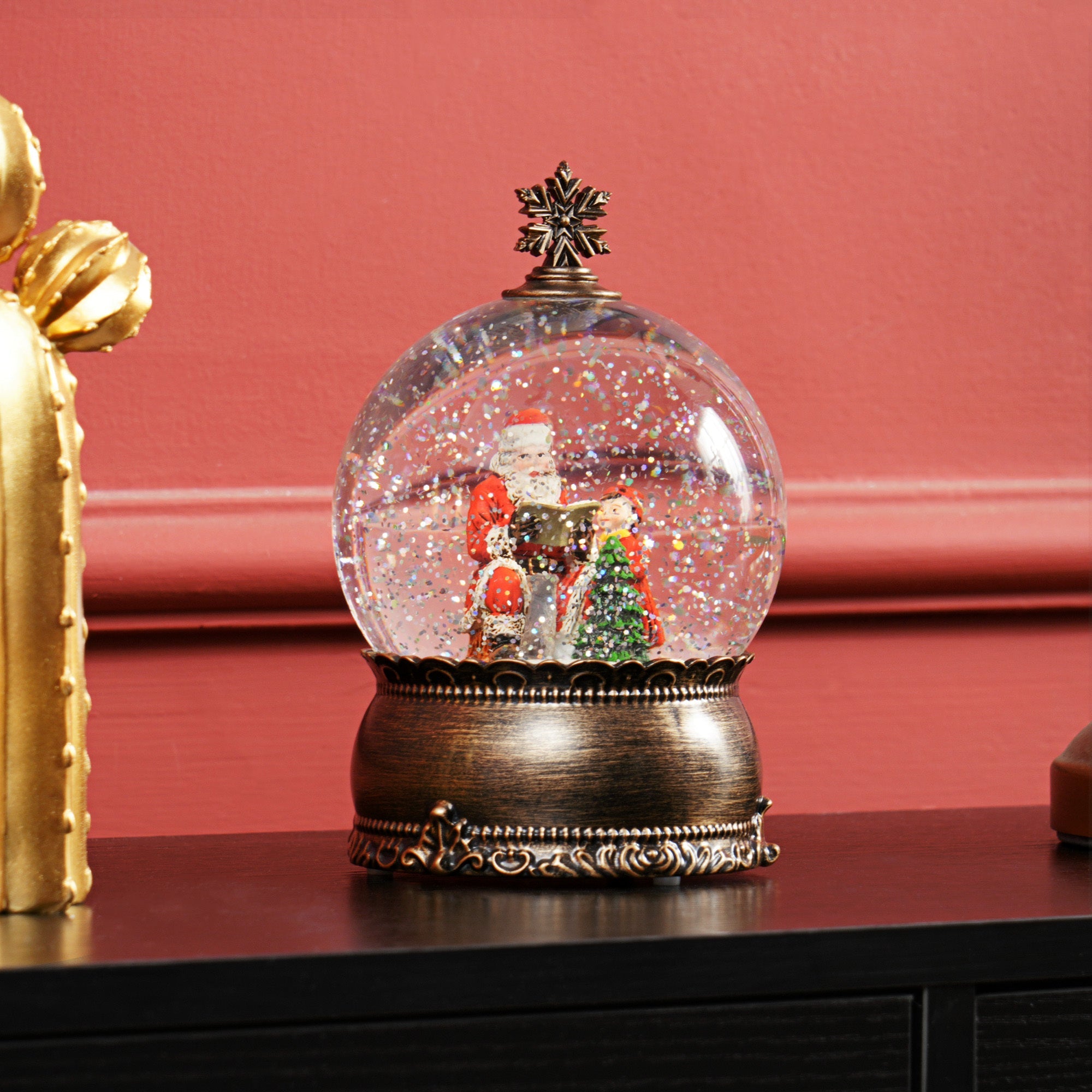 Christmas Snow Globe with Light, Musical Snow Globe with Swirling Glitter, Battery Operated Christmas Decoration , Bronze