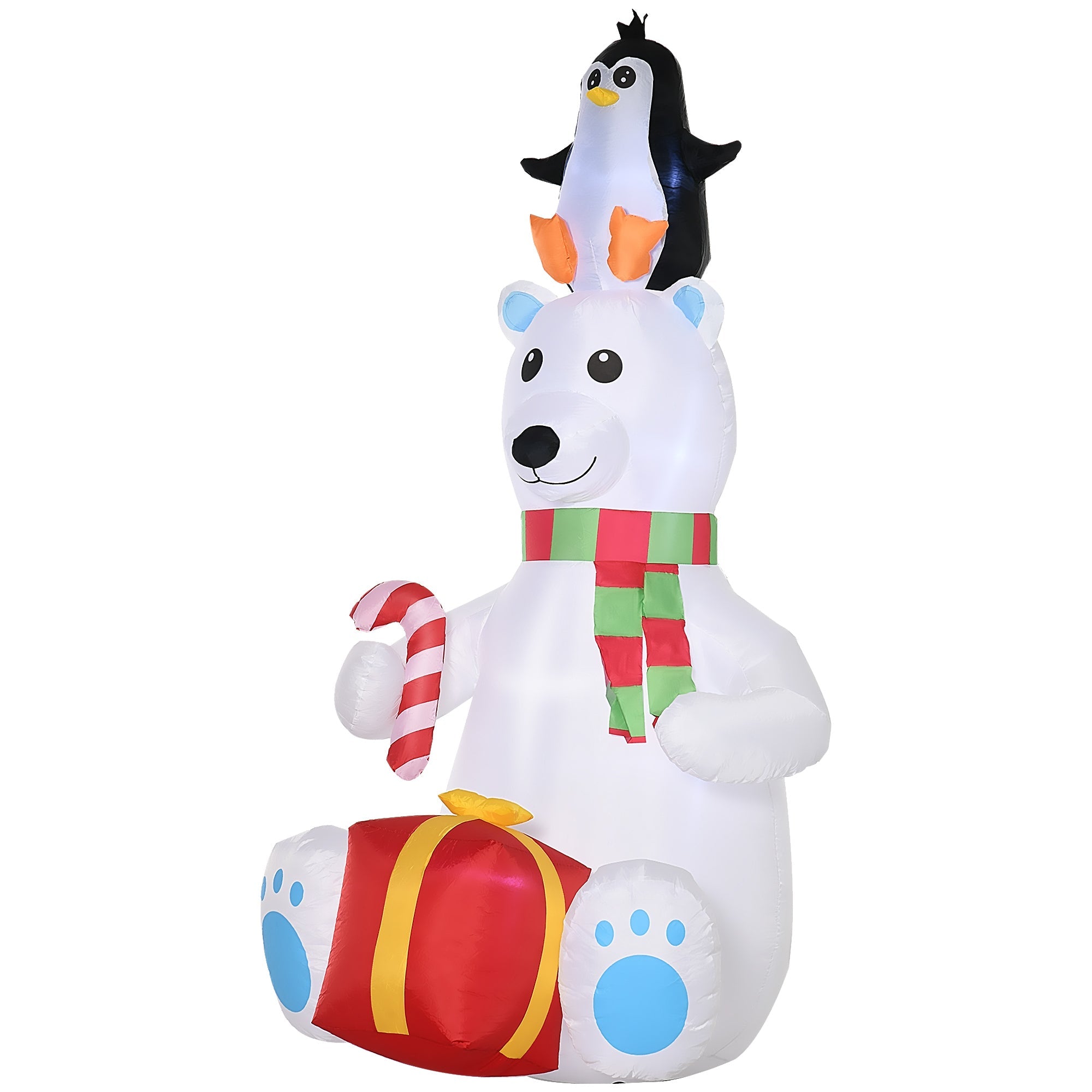 7ft Polar Bear with Penguin on Head with Candy Cane and Gift Box, Blow-Up LED Christmas Inflatables Outdoor