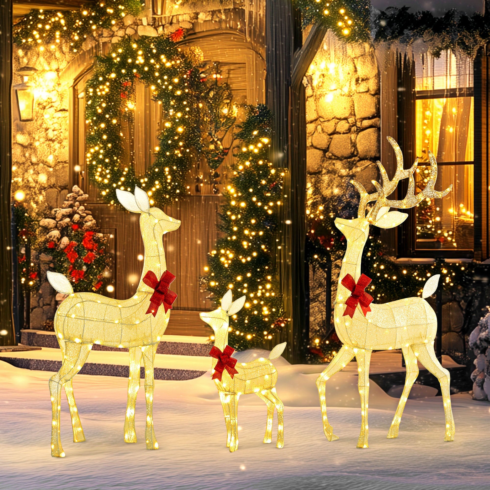 3-Piece Silver Light Up Christmas Deer Family Set of 3, with 2 LED Light Modes, Stakes, Zip Ties  Silver