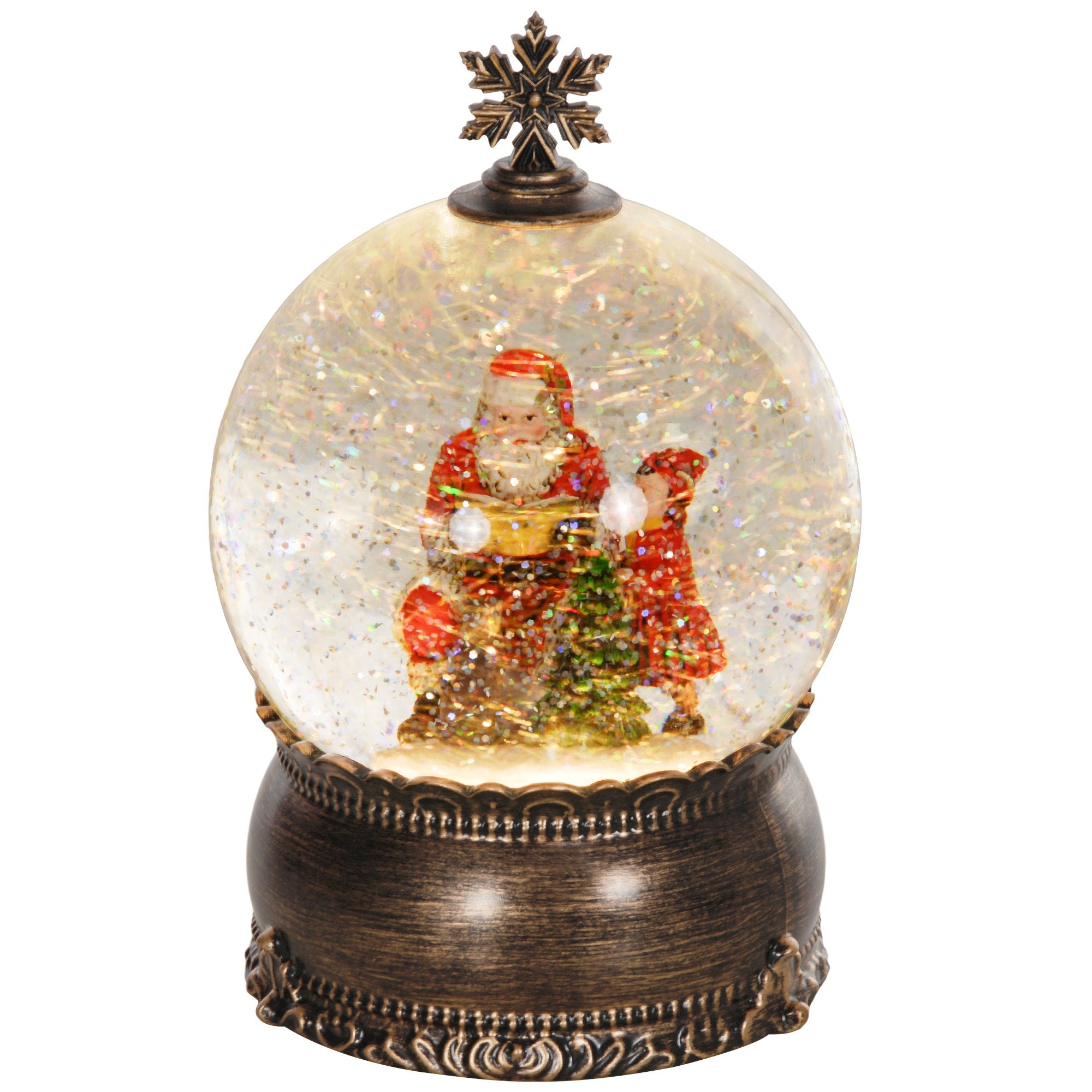 Christmas Snow Globe with Light, Musical Snow Globe with Swirling Glitter, Battery Operated Christmas Decoration , Bronze