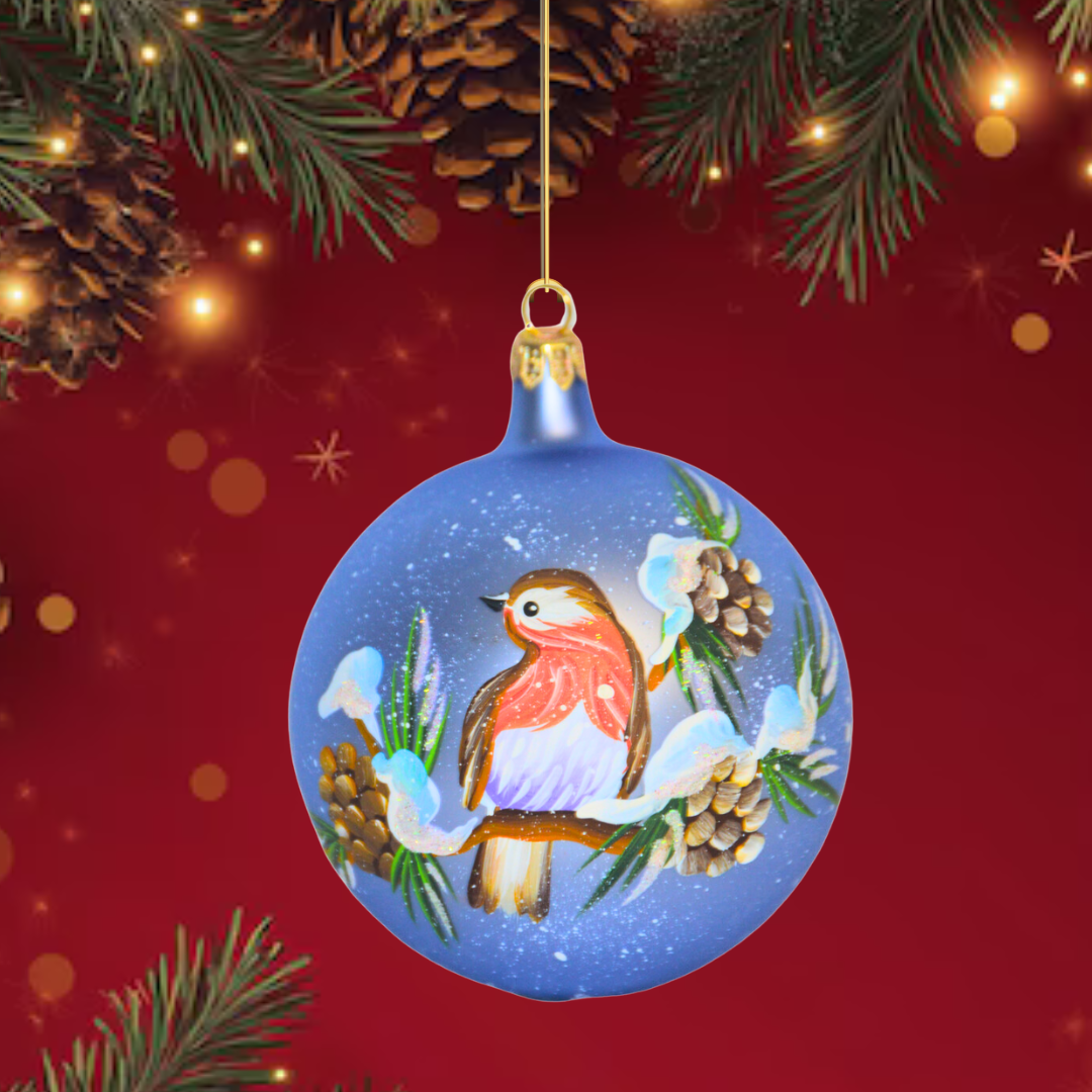 4" Hand Painted Italian Import Christmas Ornament- Woodland American Robin on Branch