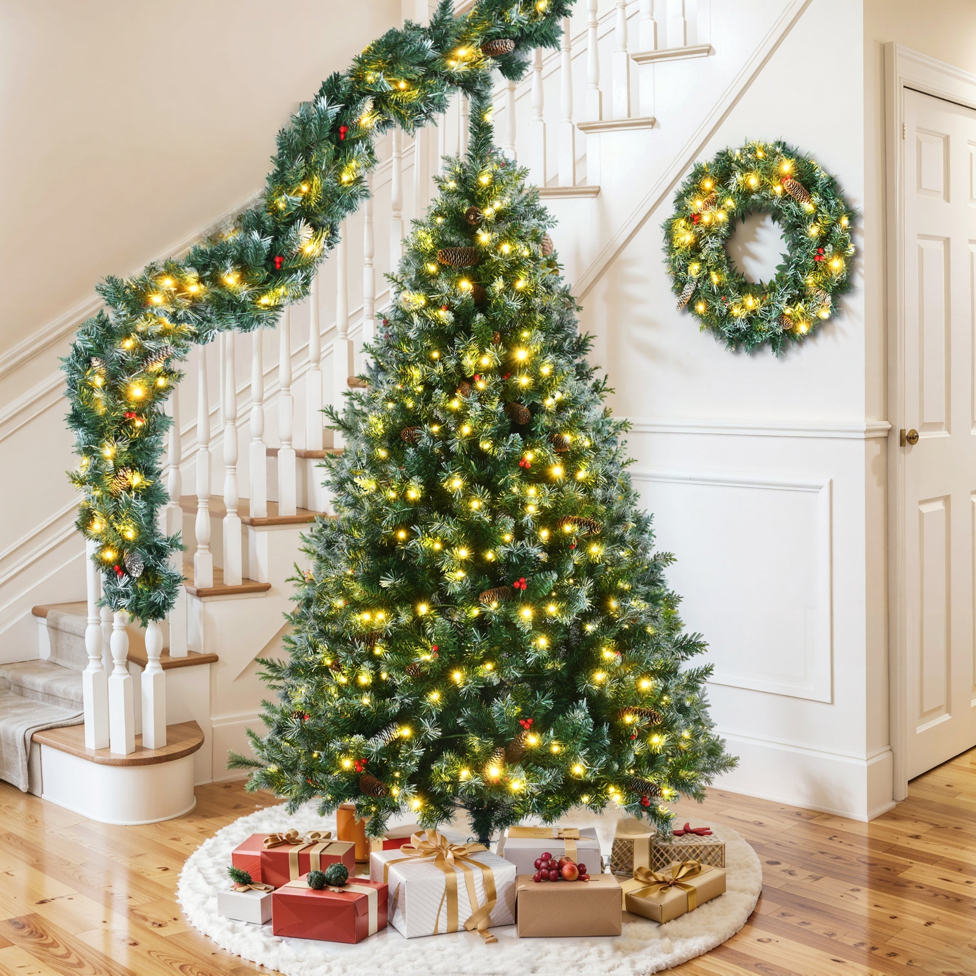 6FT Dark Green Pine Christmas Tree, Pre-Lit 3 PC Set with Tree & Garland & Wreath with white tips