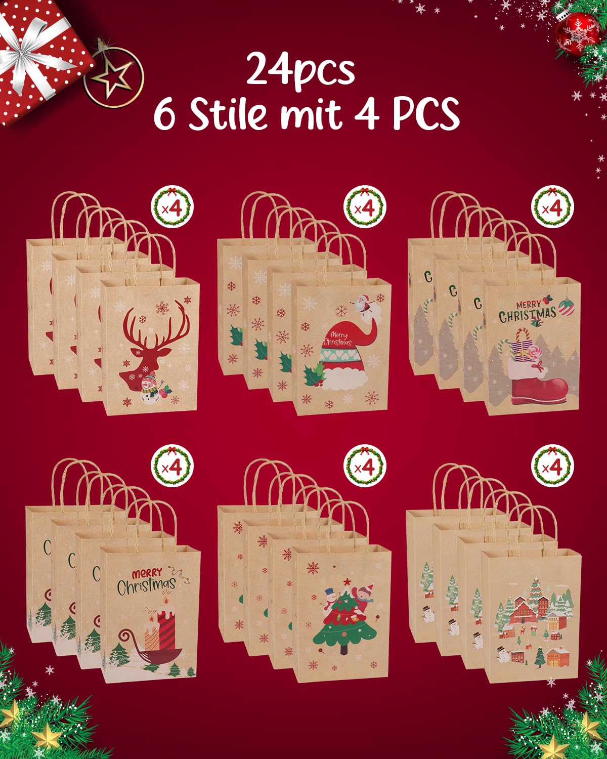 24 Pack Reusable Christmas Kraft Gift Bags, Perfect for Holidays and Festive Gifting.