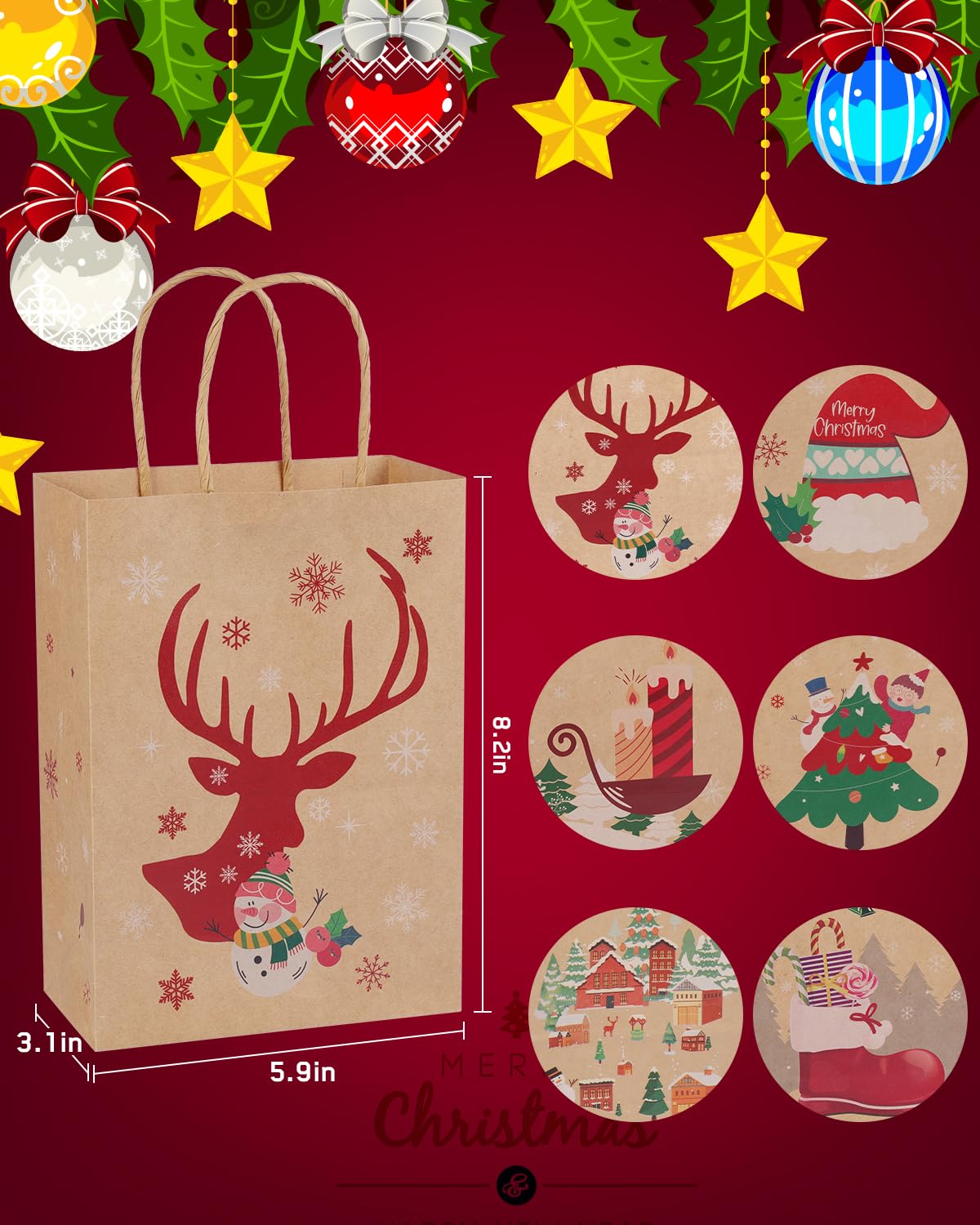 24 Pack Reusable Christmas Kraft Gift Bags, Perfect for Holidays and Festive Gifting.