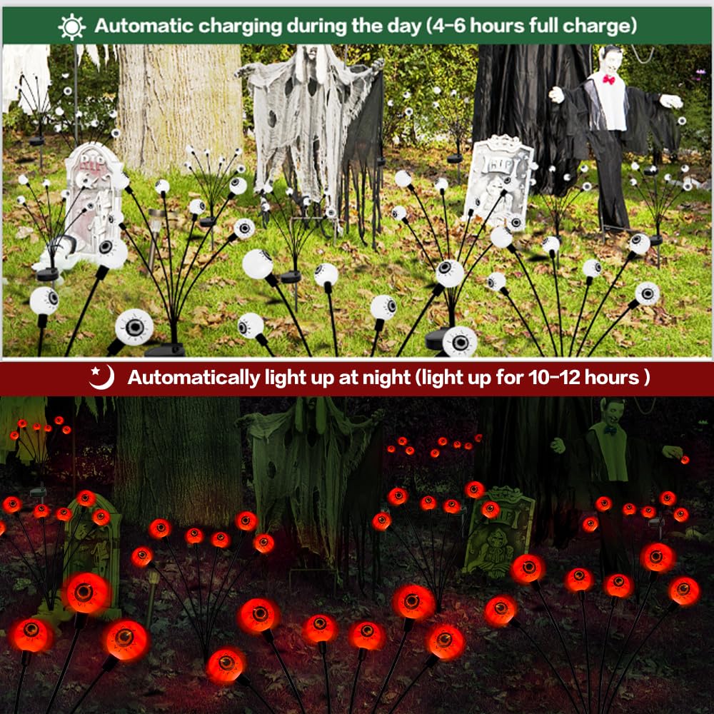 Halloween Decorations Outdoor Solar Scary Eyeball Lights,2PACKS 12LED Green Eyeball Swaying Firefly Lights,Waterproof Solar Halloween Path Lights for Yard/Garden/Lawn/Party Decor