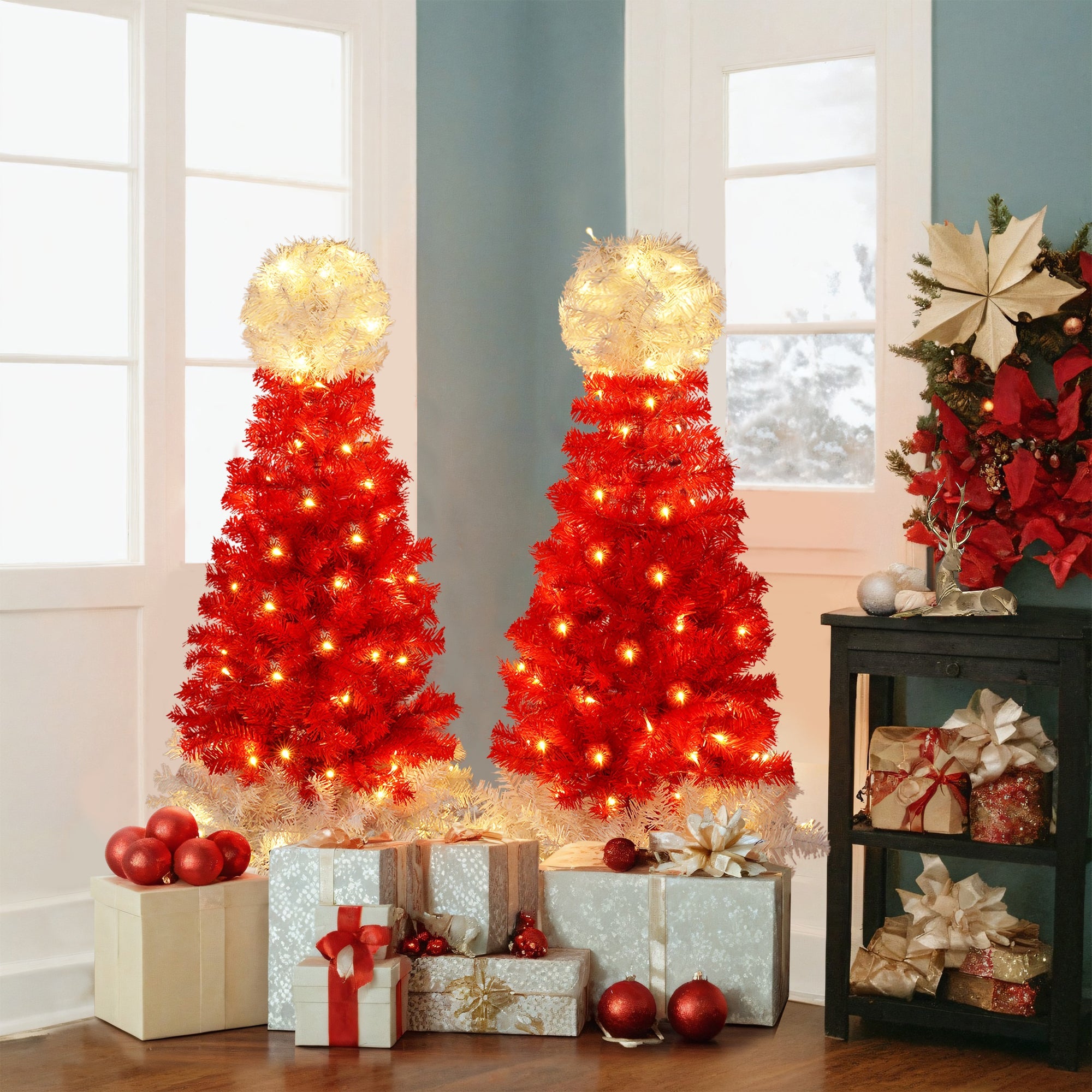 Lighted  Santa Hat Style Christmas Tree Set of 2, 4ft Artificial Tree with Warm White Lights