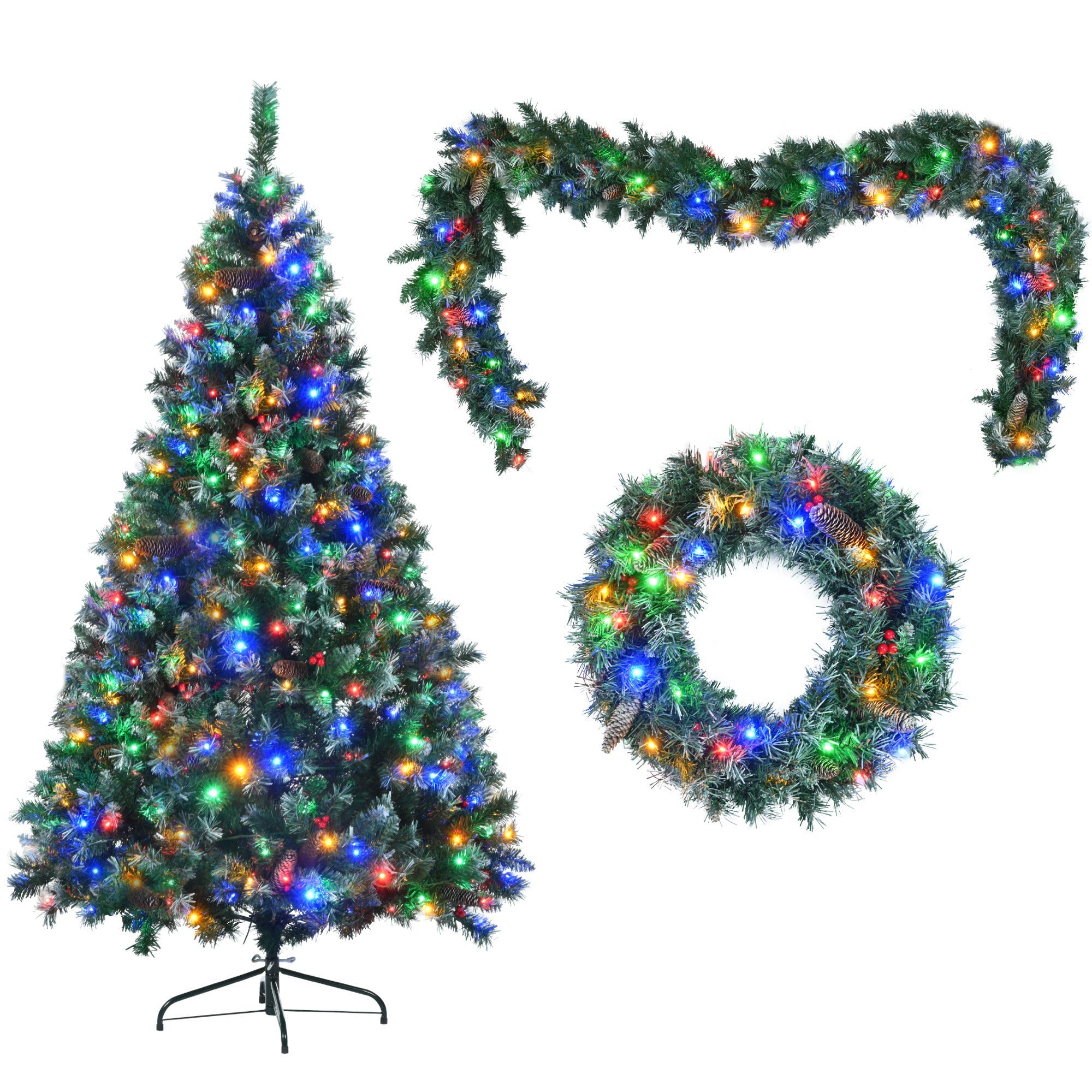 6FT Dark Green Pine Christmas Tree, Pre-Lit 3 PC Set with Tree & Garland & Wreath with white tips