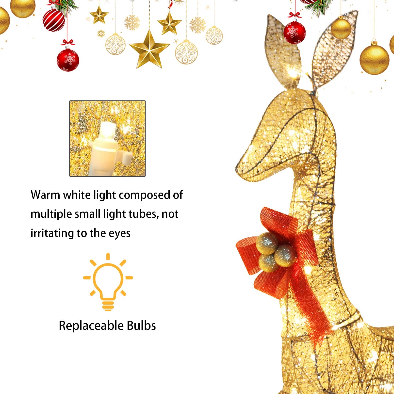 Set of 3 Large Lighted Reindeer Christmas Decorations, with 210 Warm White LED Lights,- Gold