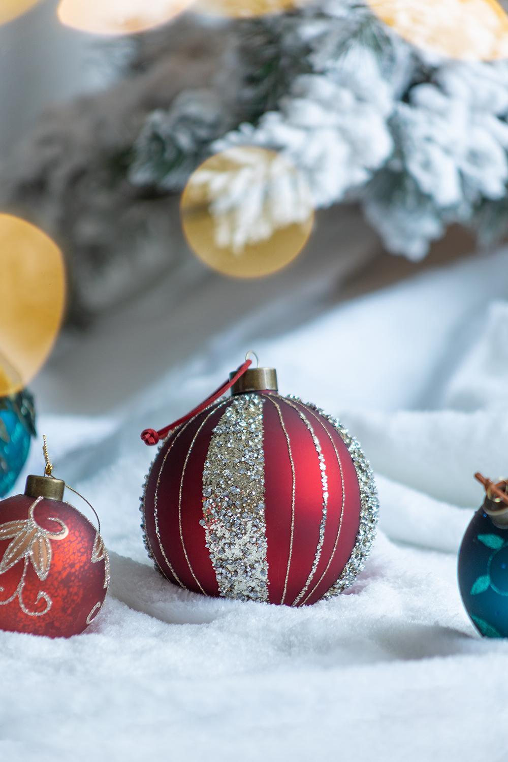 Red with Silver  Christmas Ball Ornaments, Set of 4