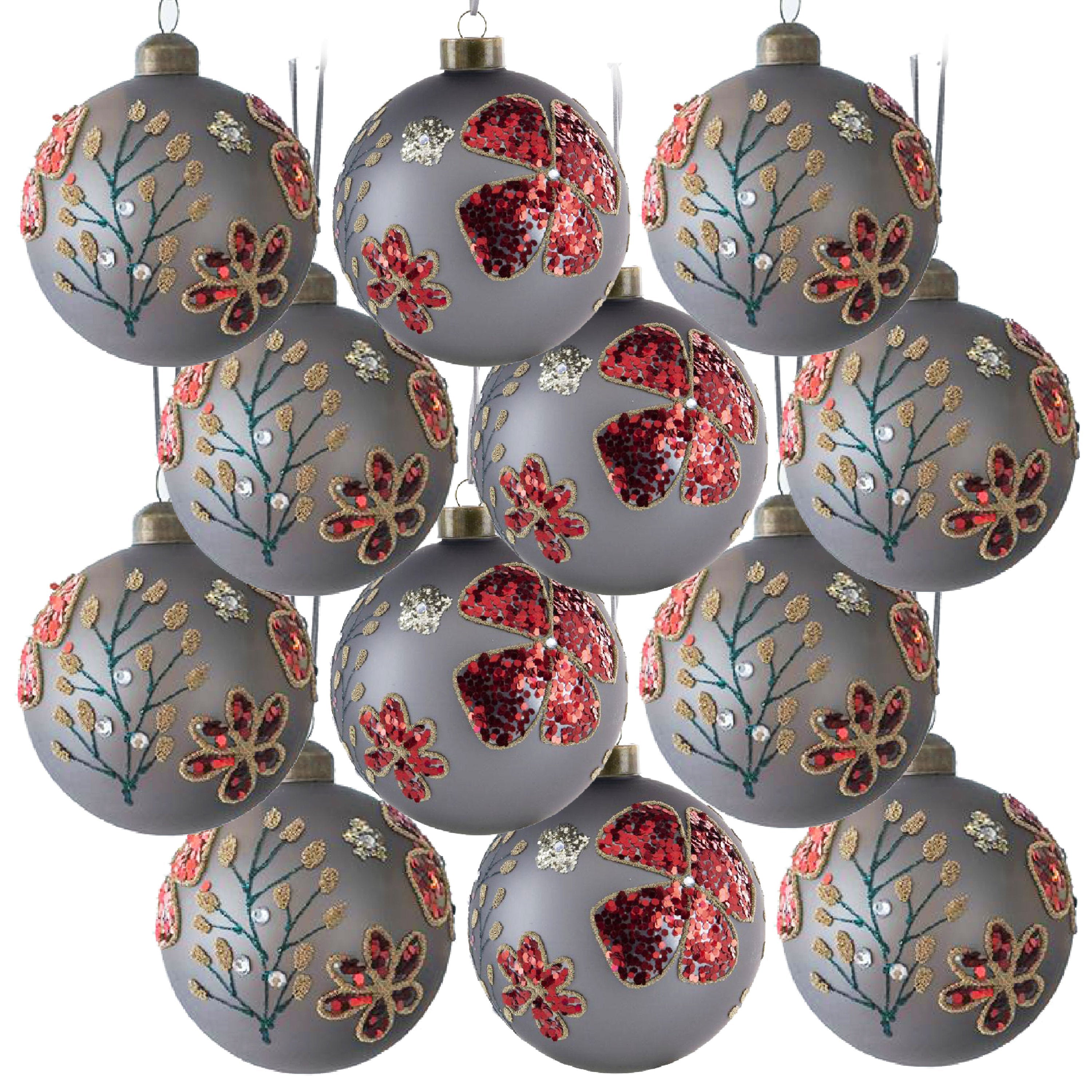 Silver Floral Christmas Ball Ornaments,  Set of 12