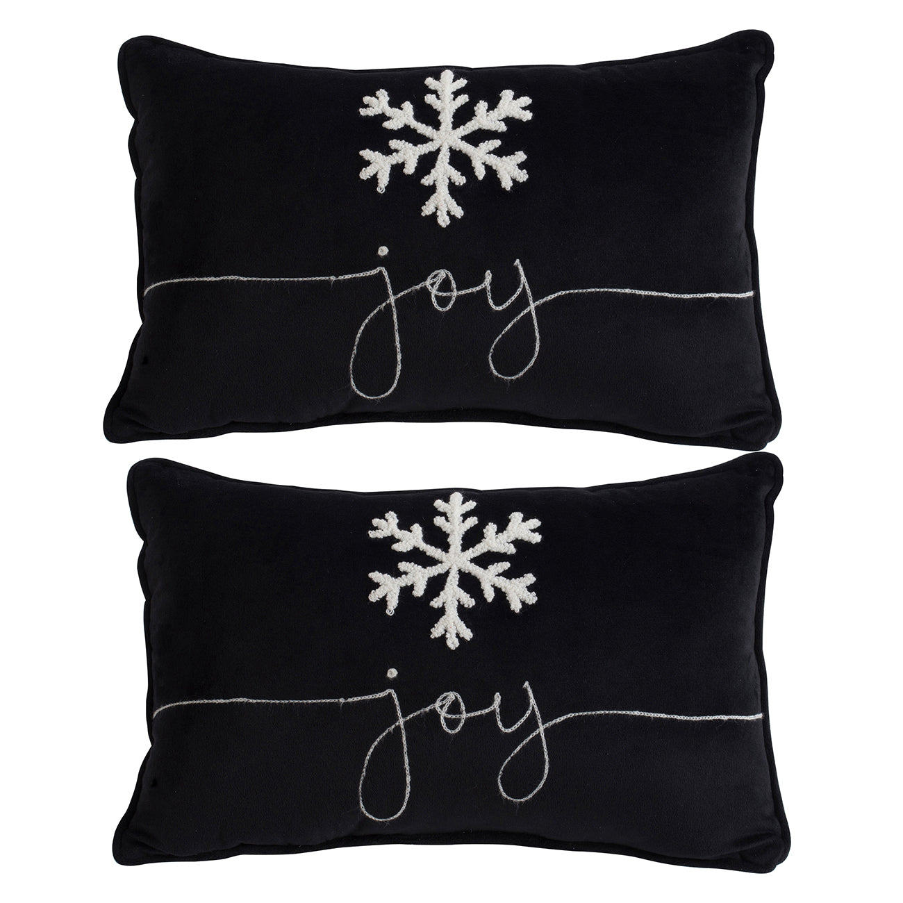 Black Velvet Pillow With Embroidered Joy And Frosty Snowflake  Set of 2, 18x12"