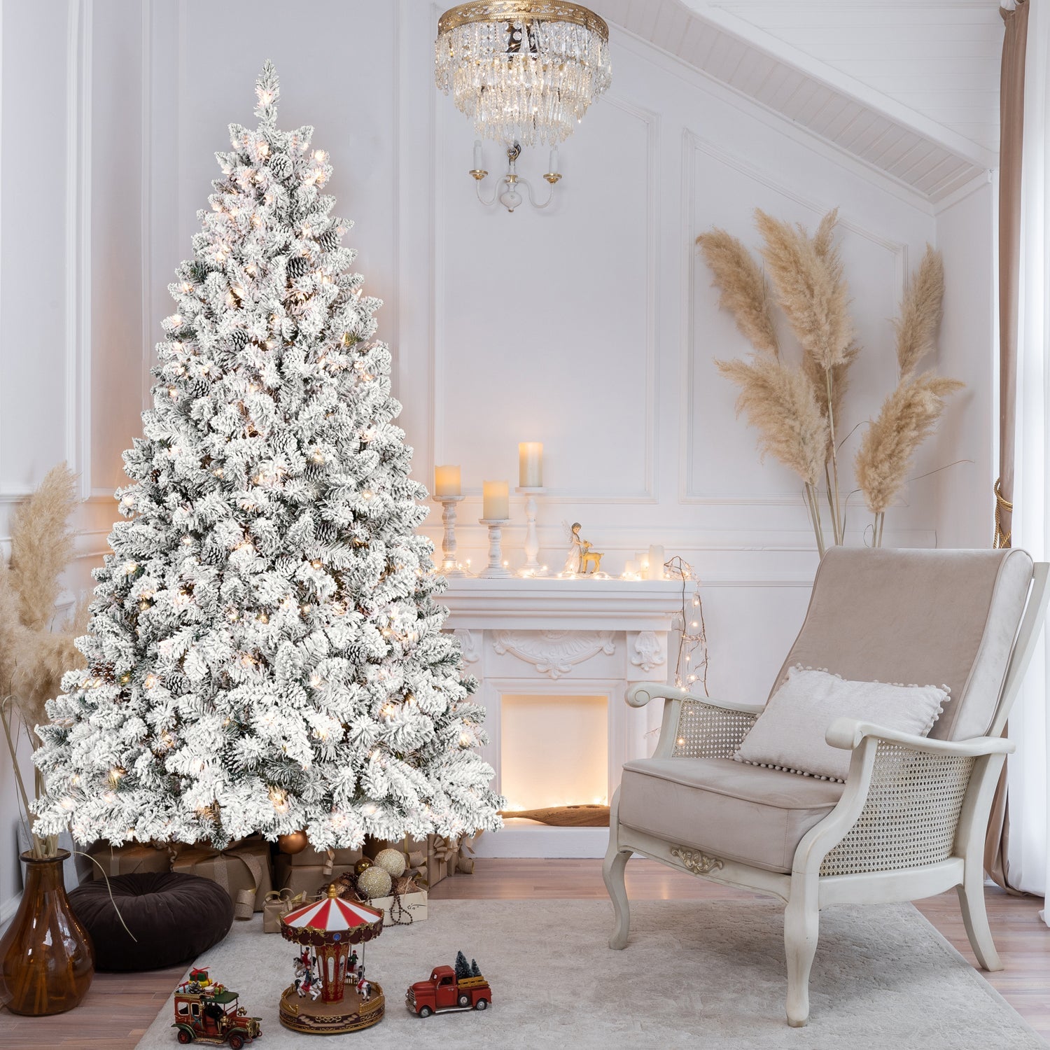 7.5FT Snow-Flocked Prelit Christmas Tree, Perfect for Home Decor.