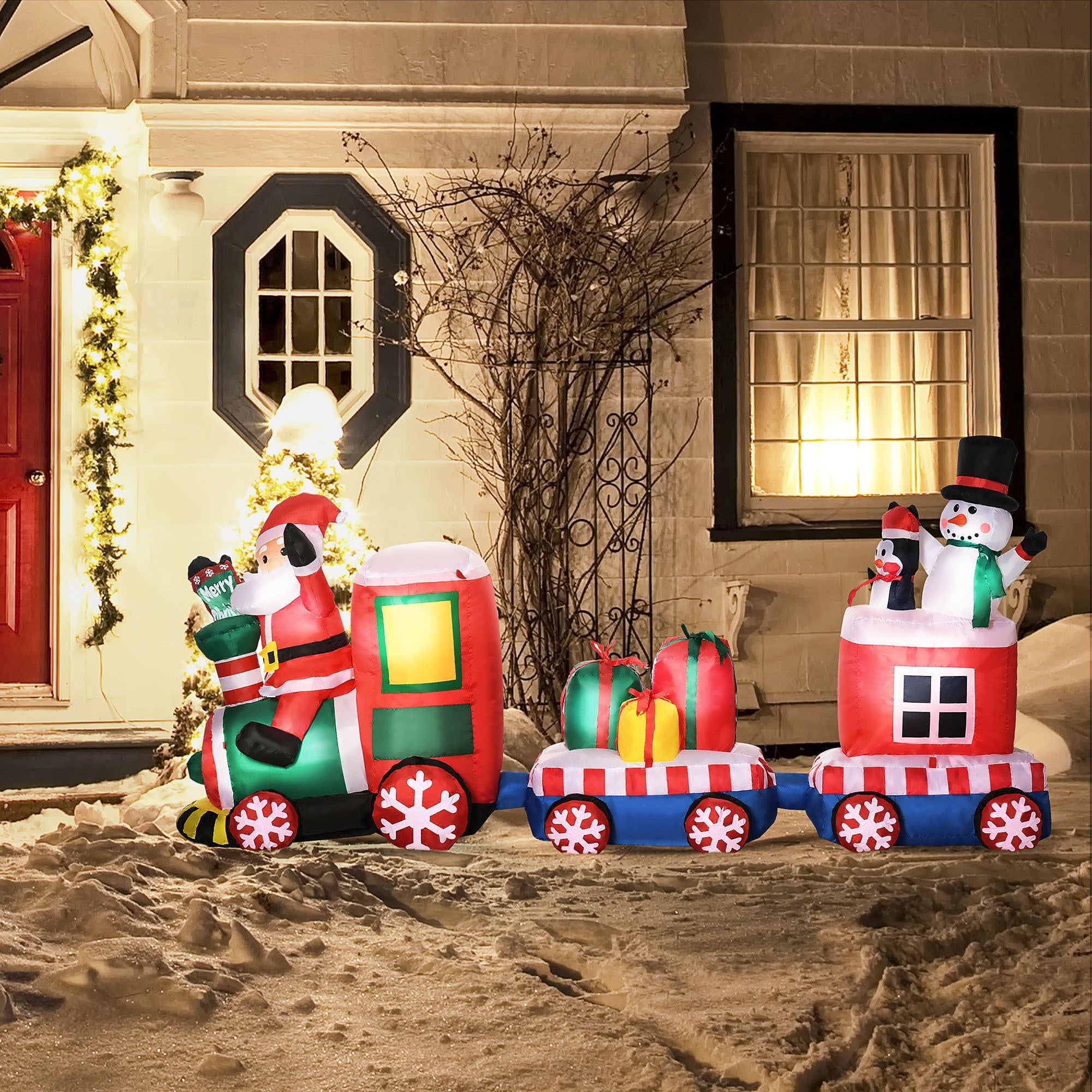 8ft Train with Santa Claus, Snowman, Penguin and Gift Boxes, Blow-Up LED Yard  Decor-Christmas Inflatable