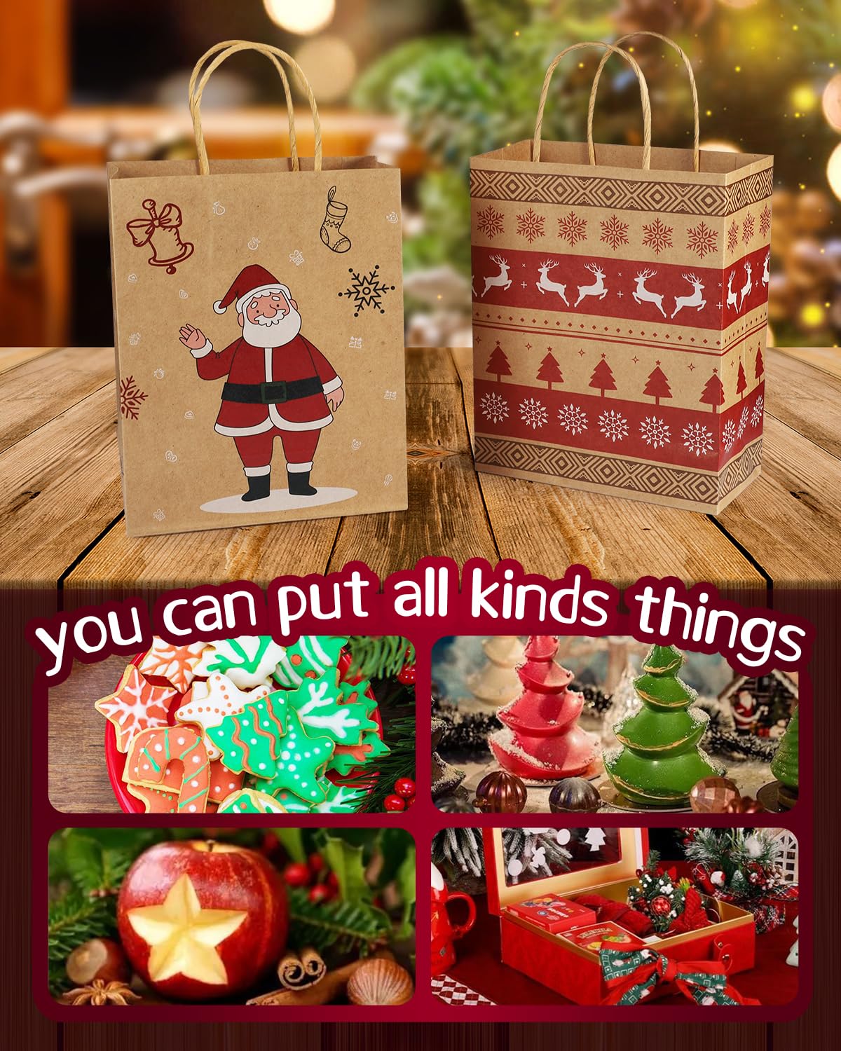 24 Pack Reusable Christmas Kraft Gift Bags, Perfect for Holidays and Festive Gifting.