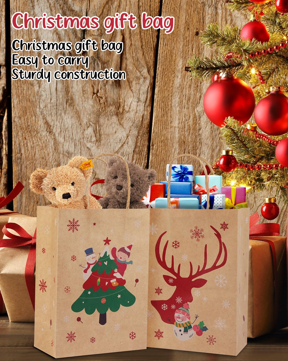 24 Pack Reusable Christmas Kraft Gift Bags, Perfect for Holidays and Festive Gifting.