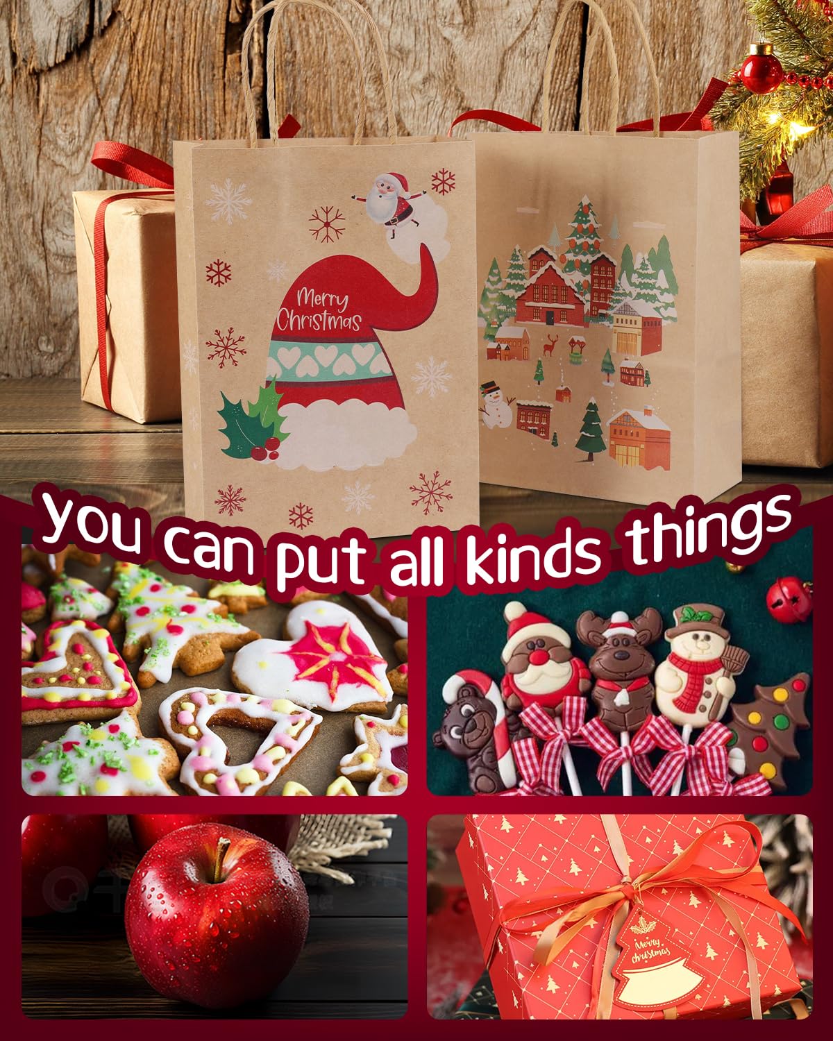 24 Pack Reusable Christmas Kraft Gift Bags, Perfect for Holidays and Festive Gifting.