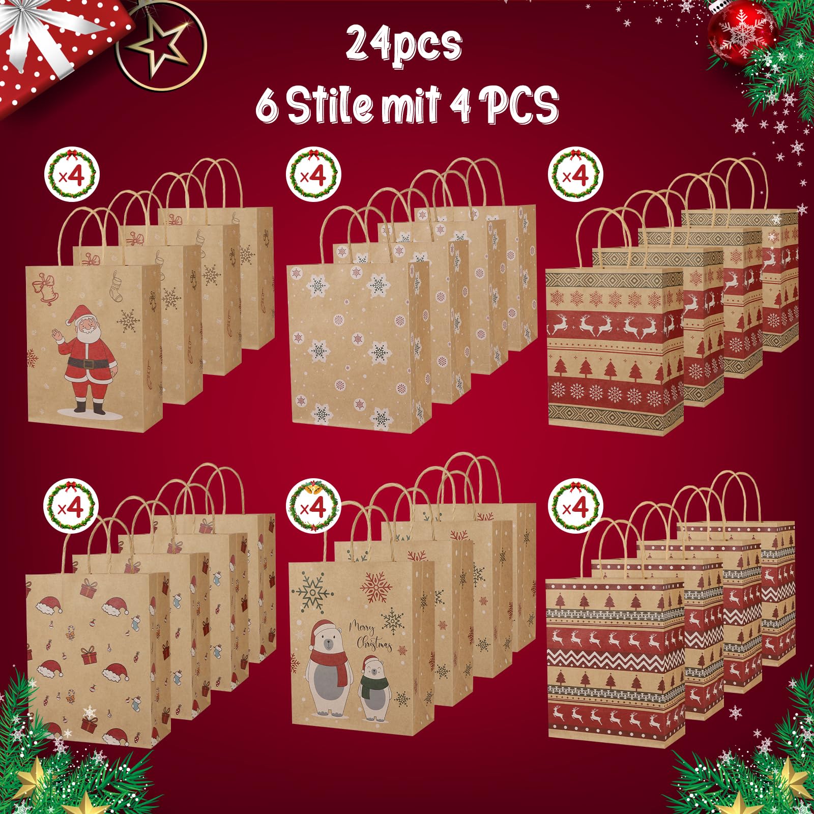 24 Pack Reusable Christmas Kraft Gift Bags, Perfect for Holidays and Festive Gifting.