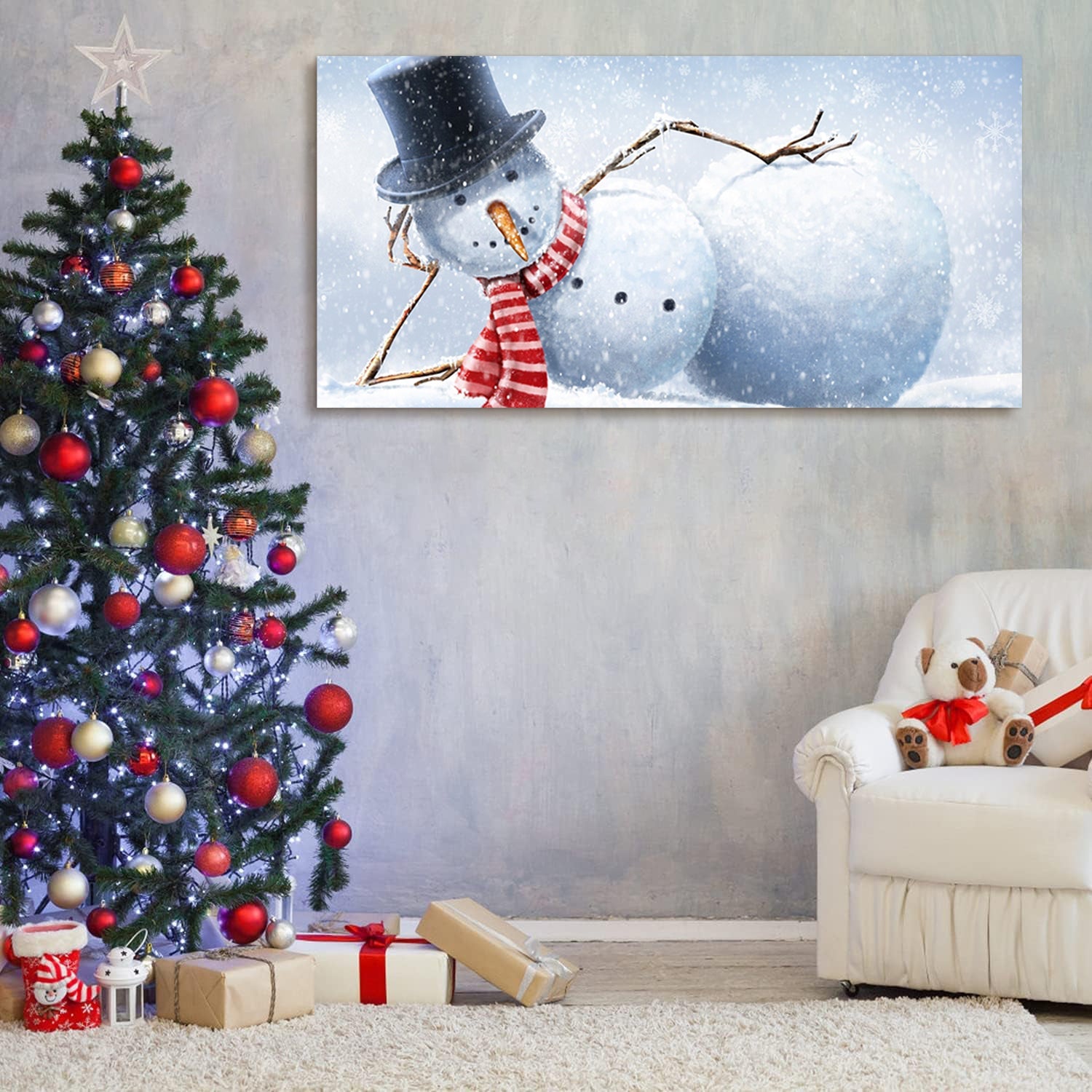 Framed Canvas Wall Art Decor - Cute Lying Snowman Painting