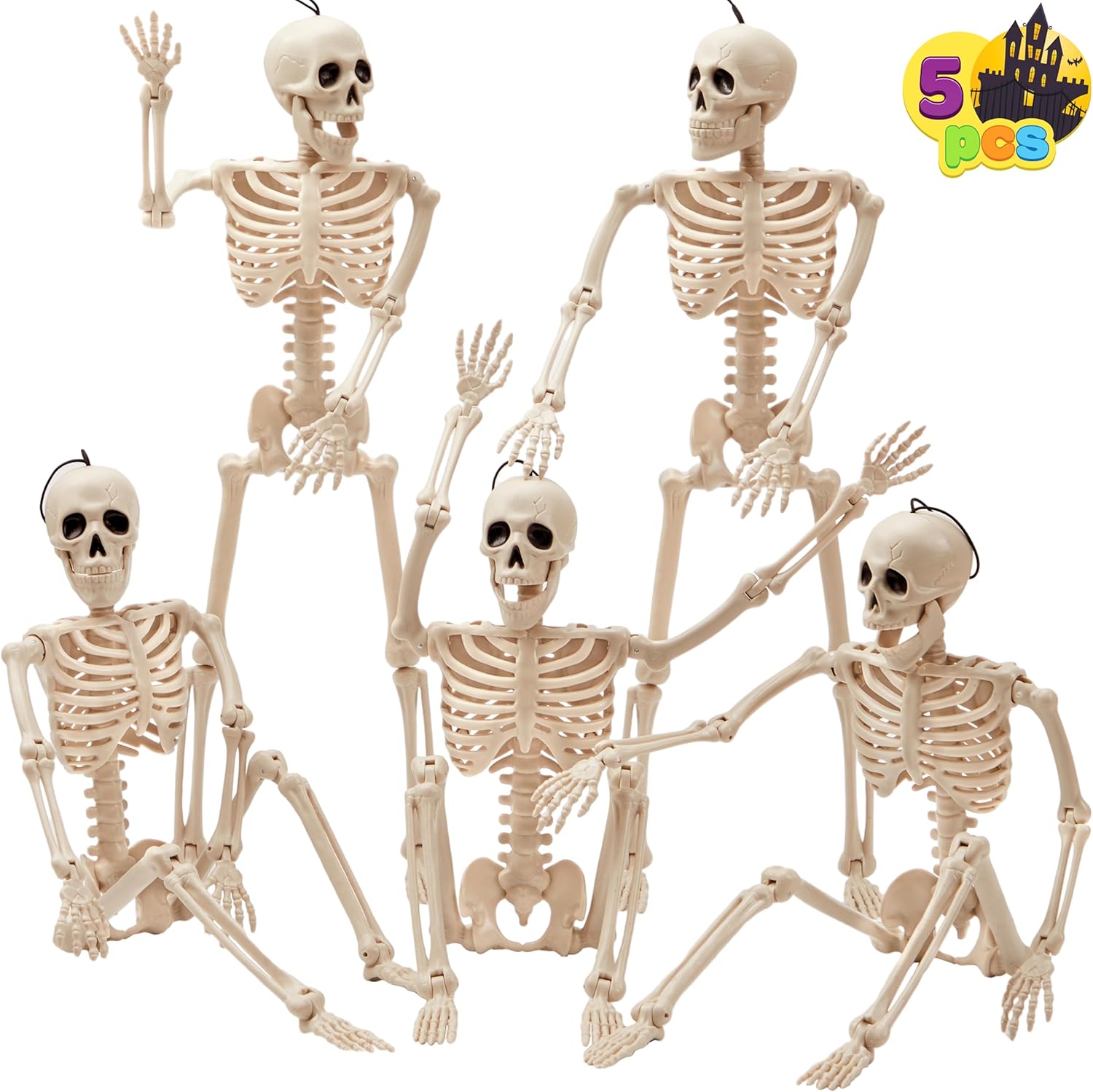 JOYIN 5 PCS Posable Halloween Skeletons 16 Inches Full Body Posable Joints Hanging Skeletons for Graveyard Decorations, Haunted House Accessories, Spooky Scene Party Favors