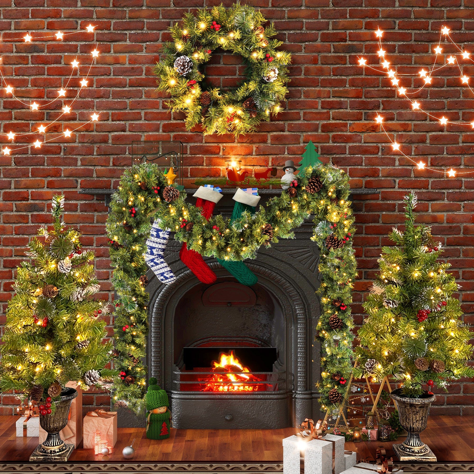 Pre-lit Xmas Tree Artificial Christmas 4-Piece Set,Garland, Wreath and Set of 2