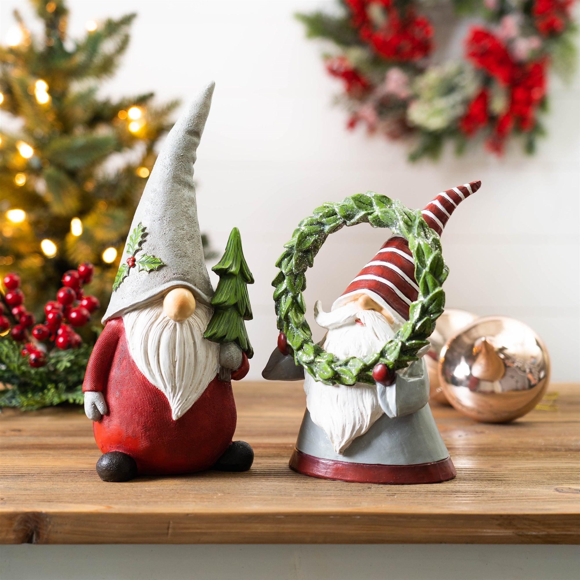 Holiday Gnome Figurine with Pine Tree and Wreath Accent (Set of 2)