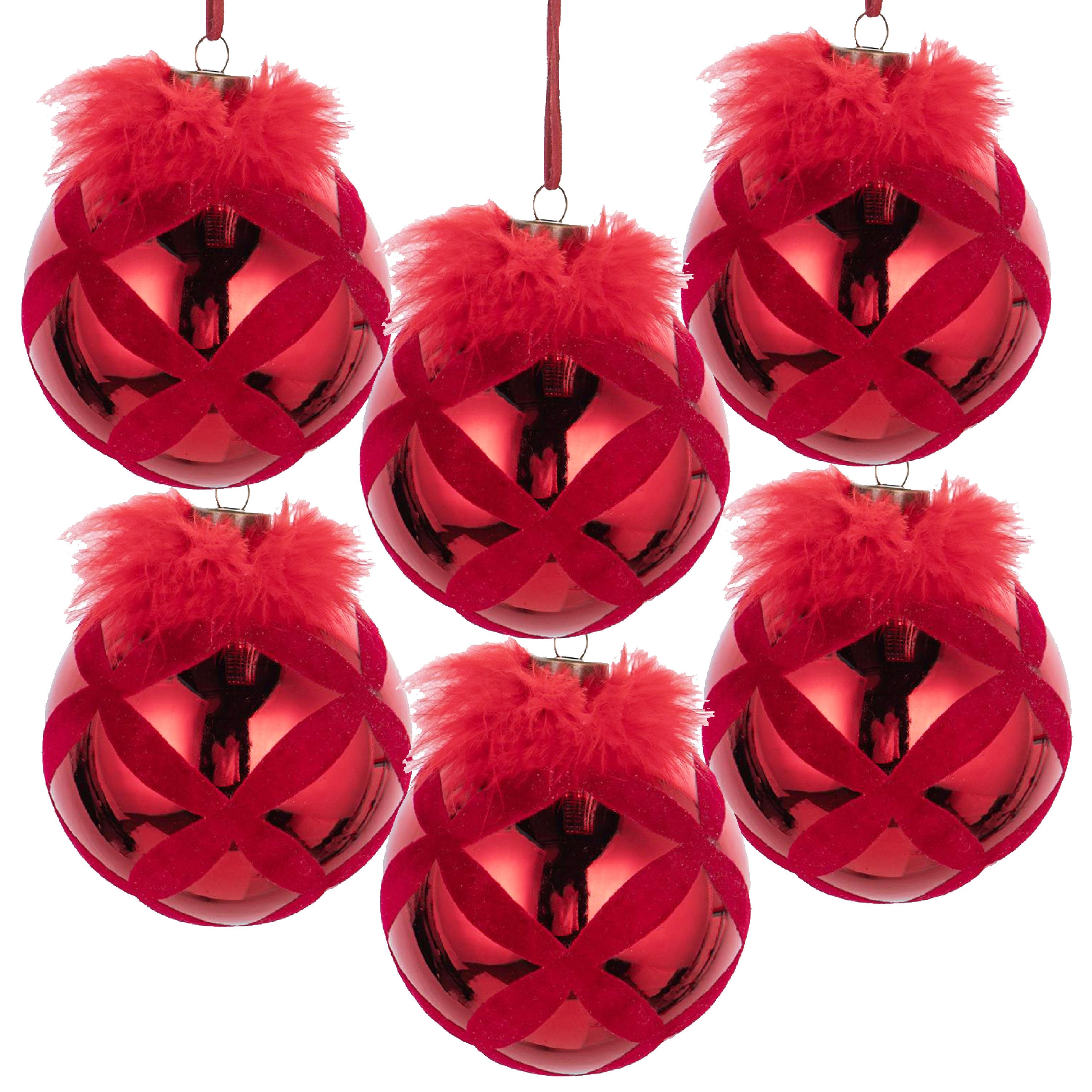 Red with Fur Christmas Ball Ornaments, Set of 6