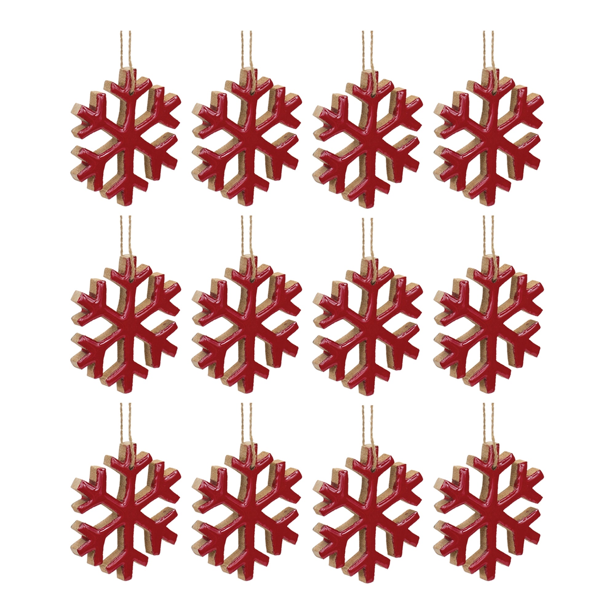 Red Wood Snowflake Ornament (Set of 12)