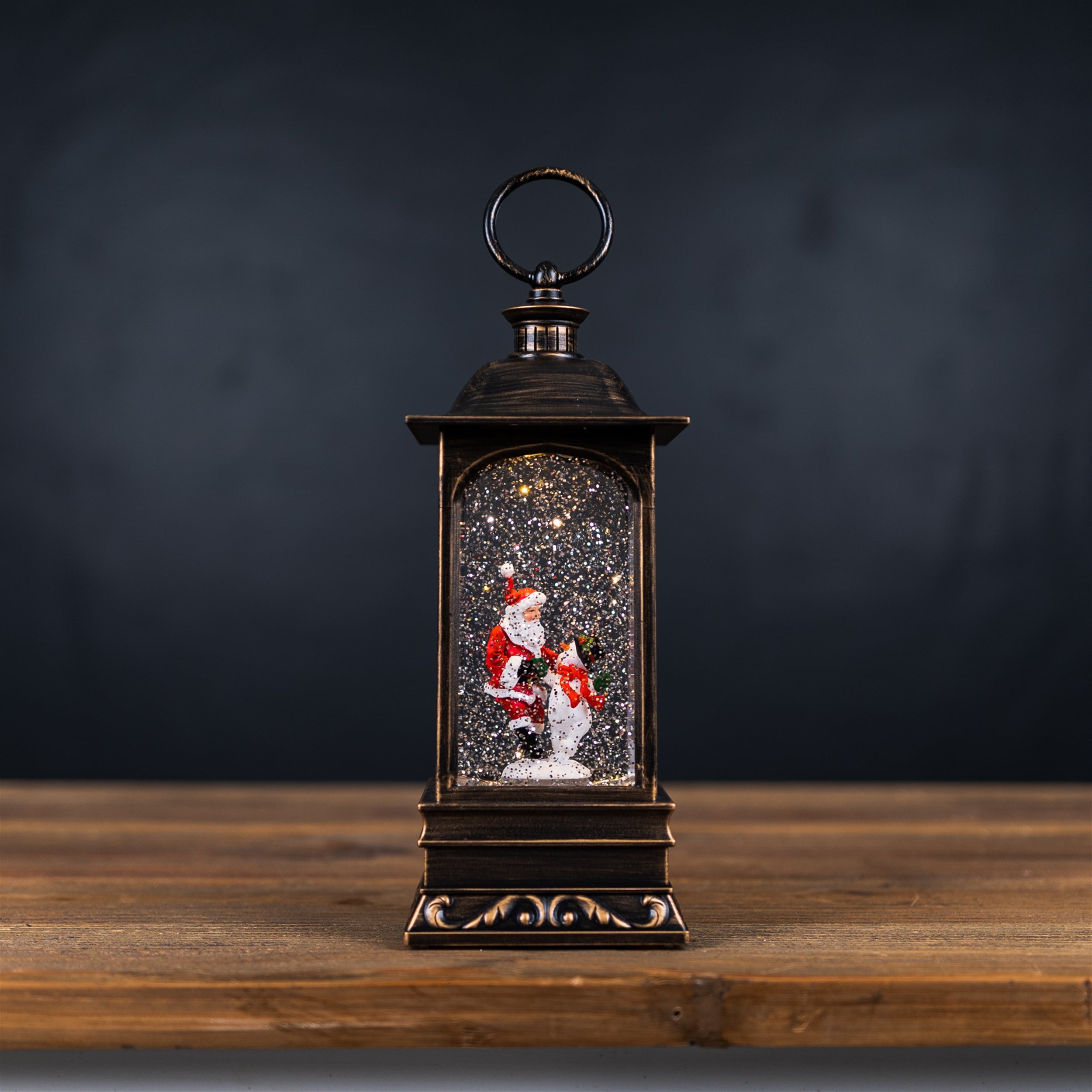 LED Snow Globe Lantern with Santa and Snowman 10.5"H