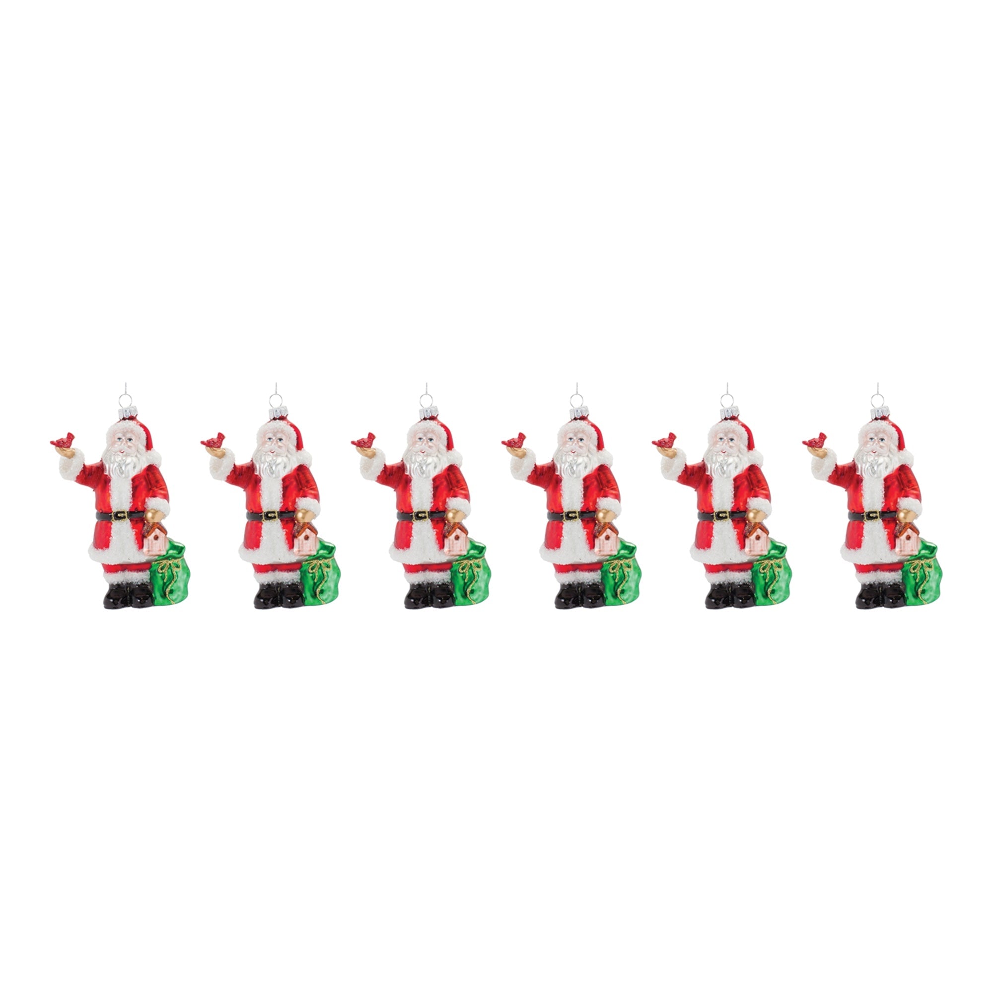 Glass Santa with Cardinal Bird Ornament (Set of 6)