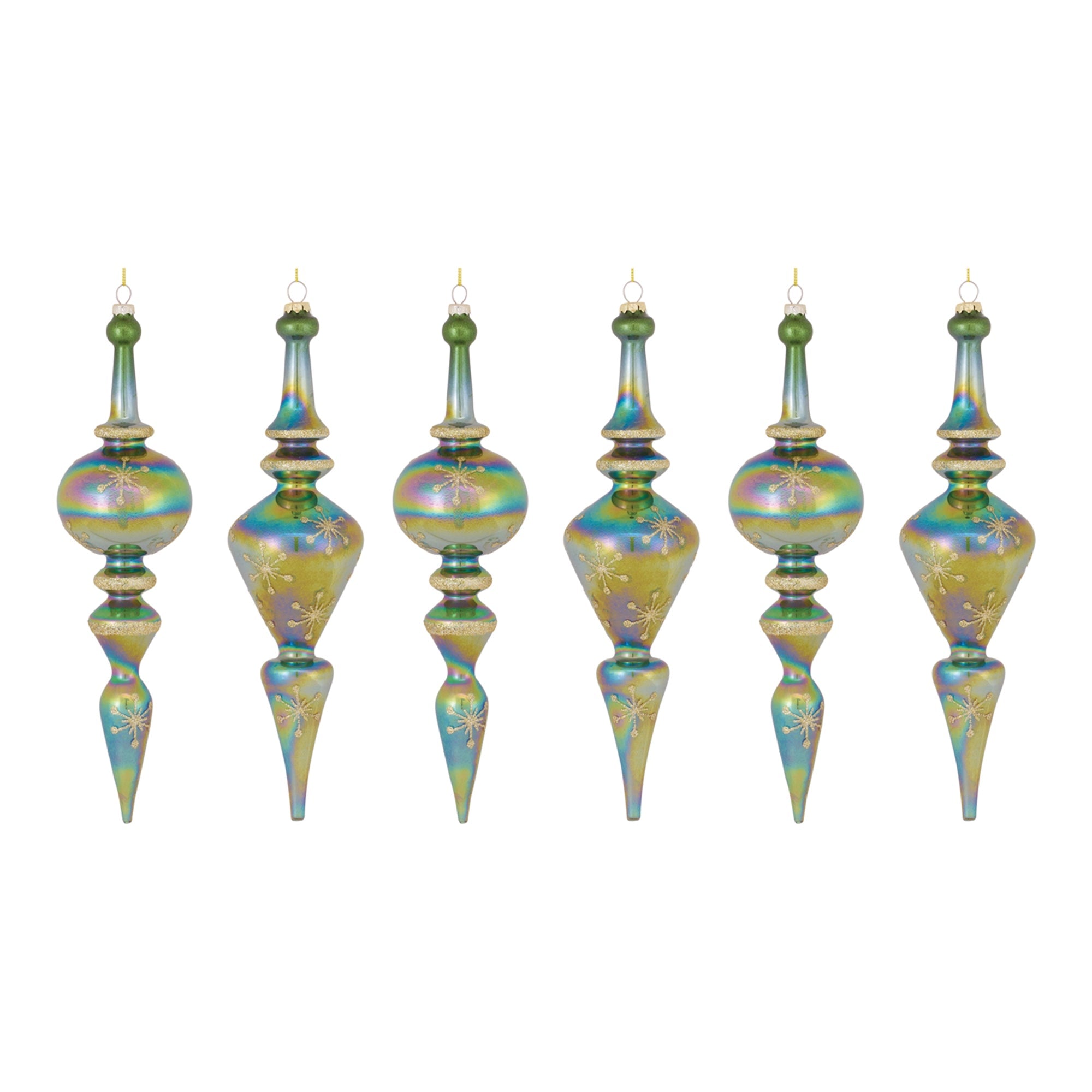 Green Irredescent Glass Finial Drop Ornament (Set of 6)