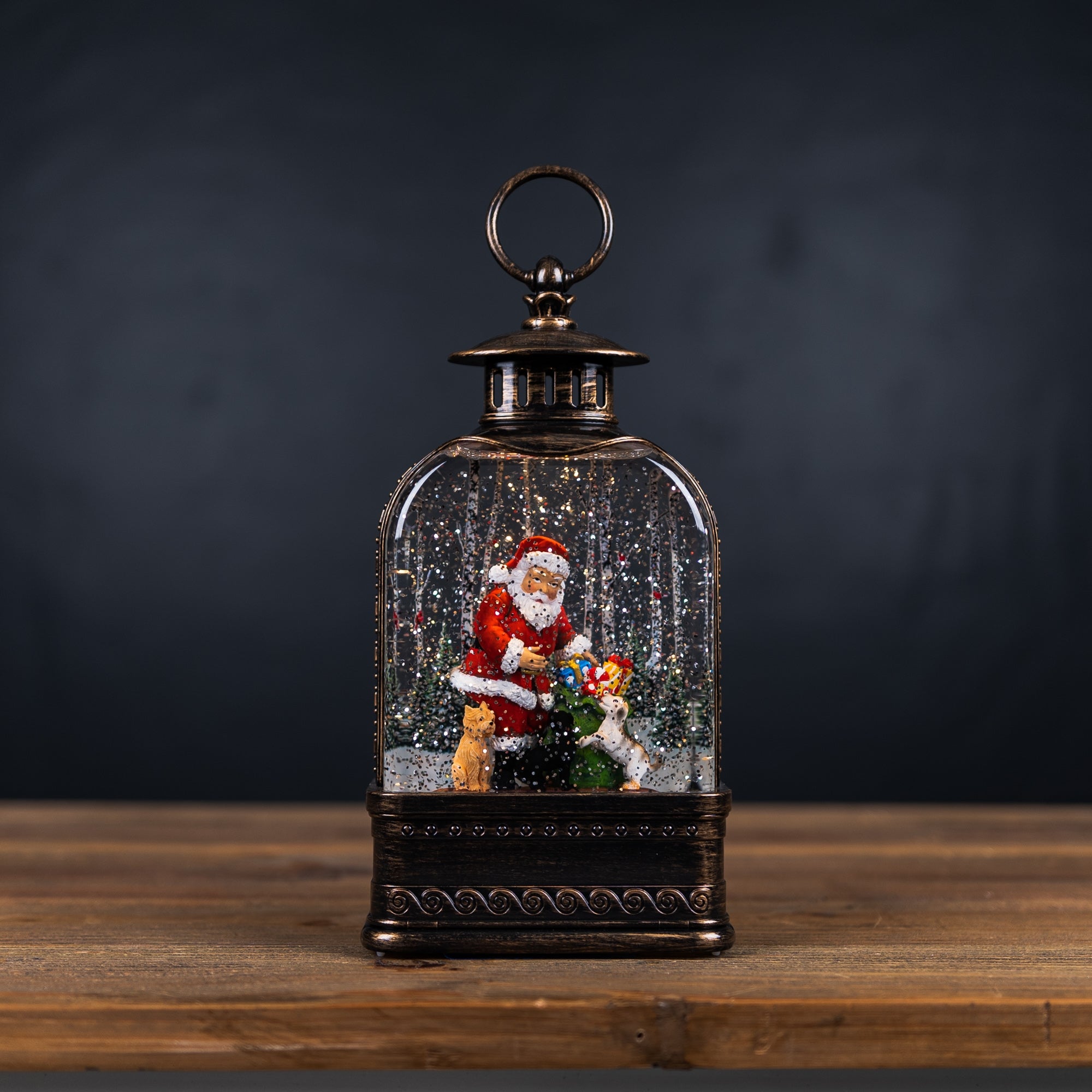 LED Snow Globe Lantern with Santa and Dog 11.25"H