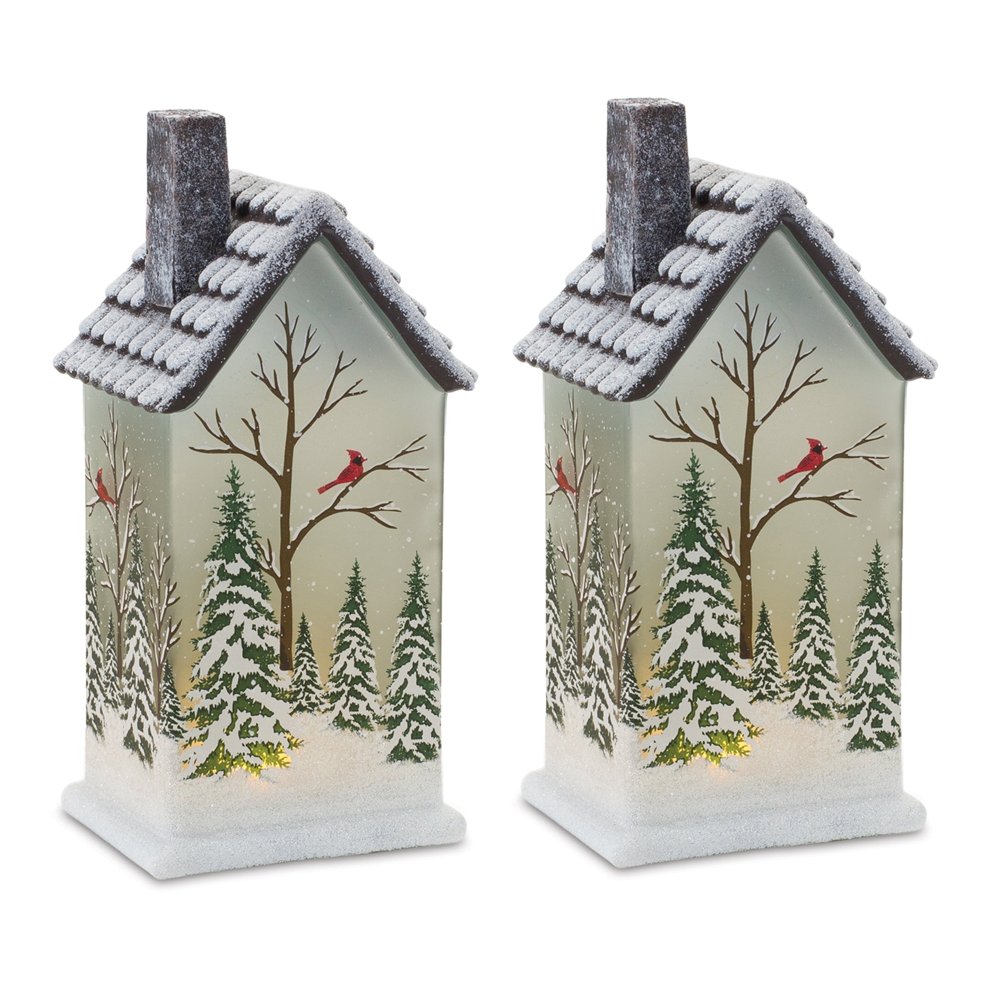 LED Lighted House with Pine Trees (Set of 2)