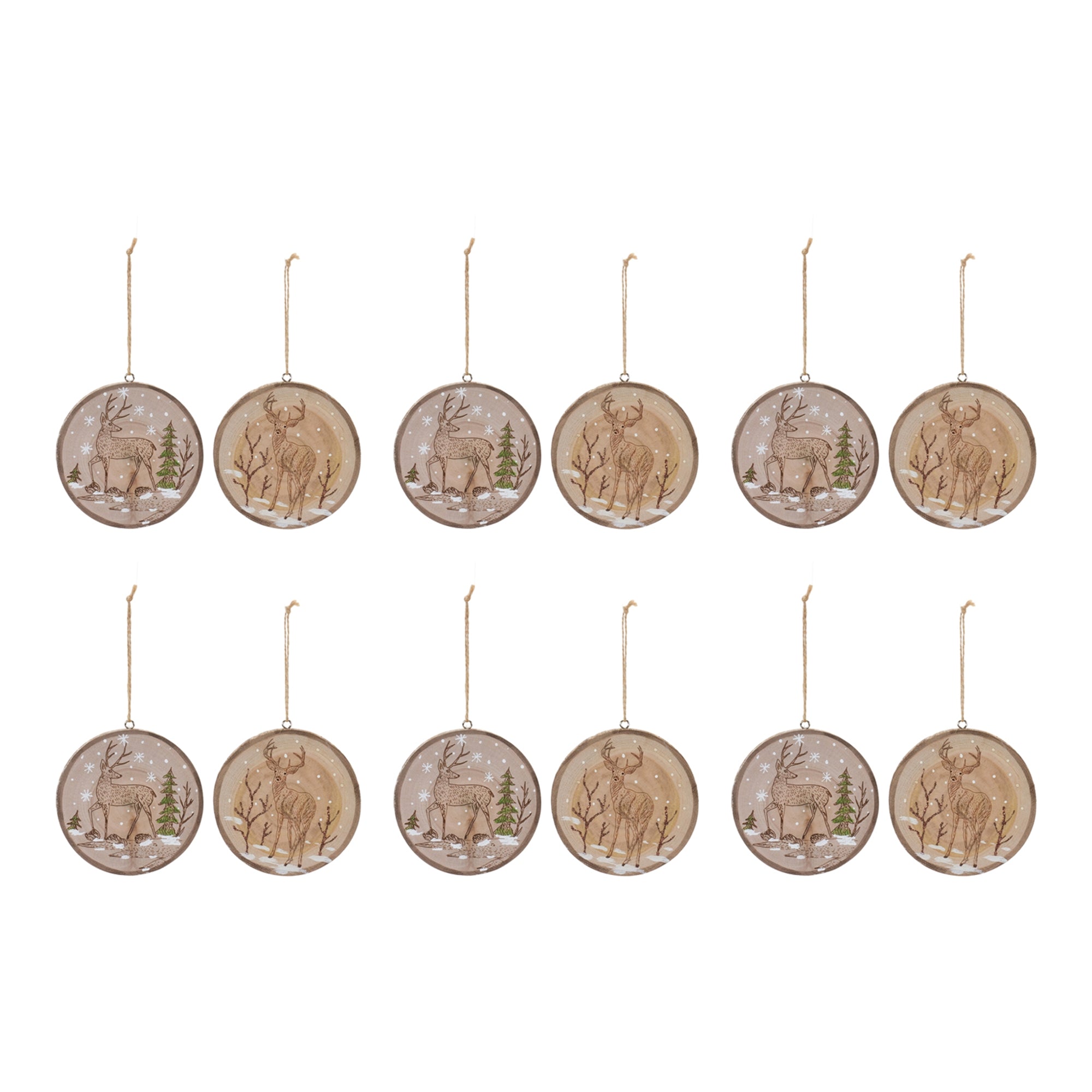 Wood Deer Tree Disc Ornament (Set of 12)