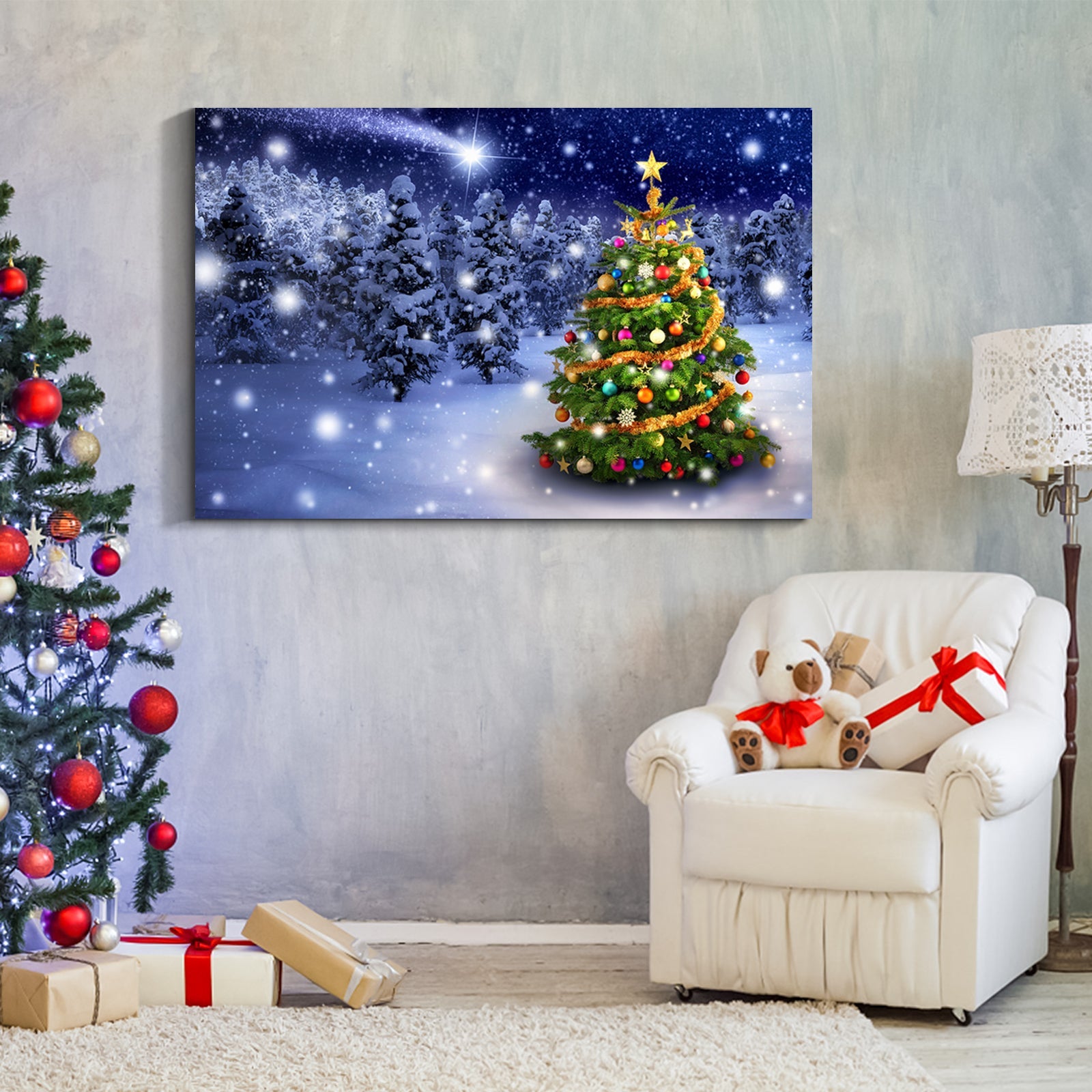 Framed Canvas Wall Art  Christmas Tree in Forest