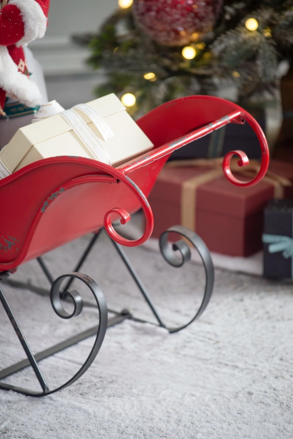 Iron Red/Black Sleigh Large, Distressed Christmas Santa Sleigh Holiday Decoration